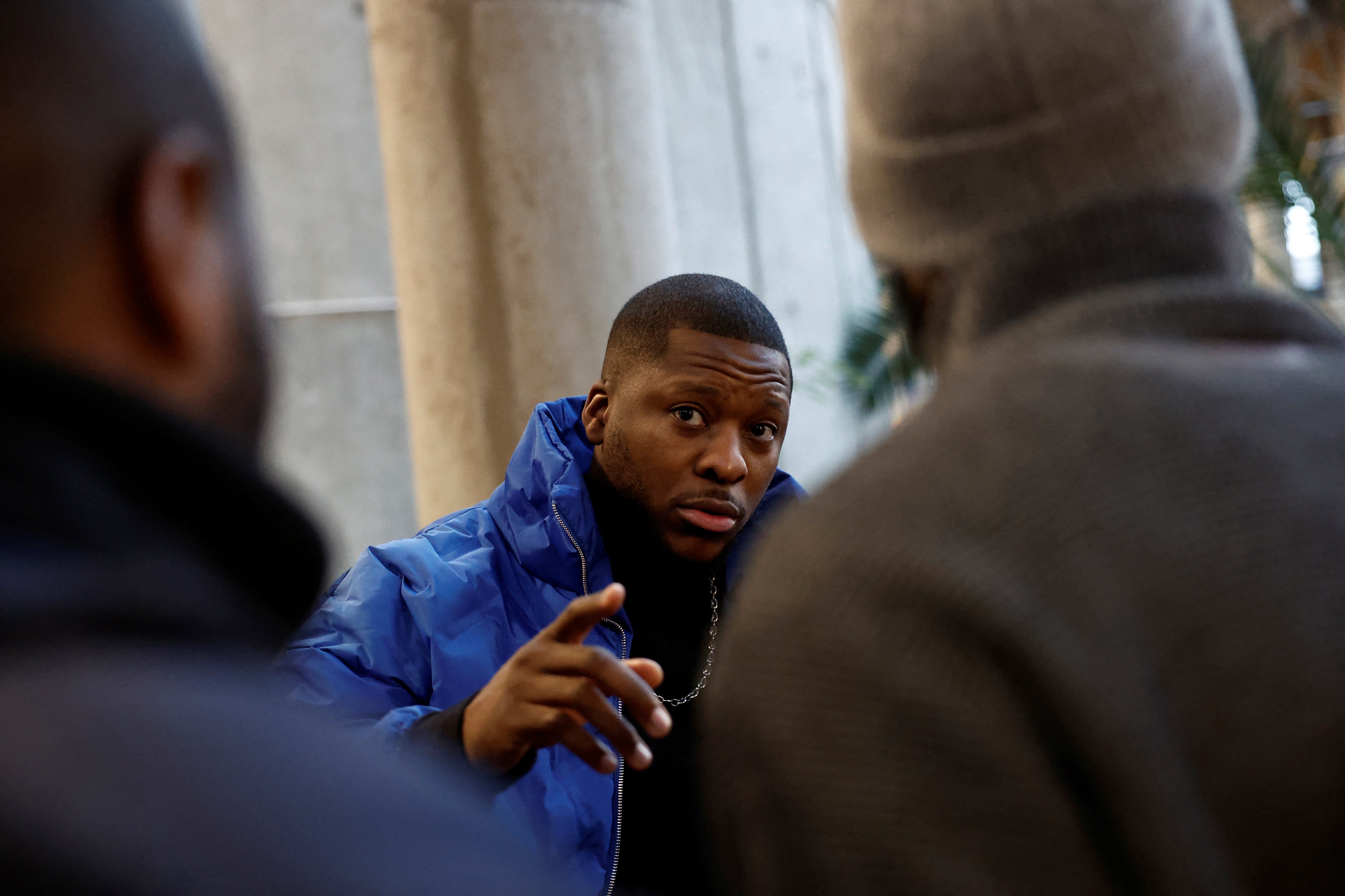 Théodore Luhaka arrives for the trial in Bobigny near Paris in January