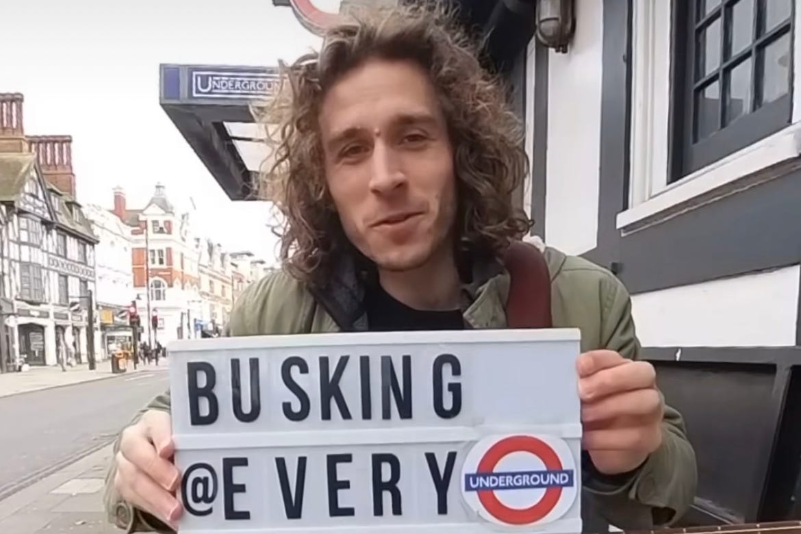 Dan Tredget is undertaking the challenge of busking at 272 Tube stations (Dan Tredget/PA)