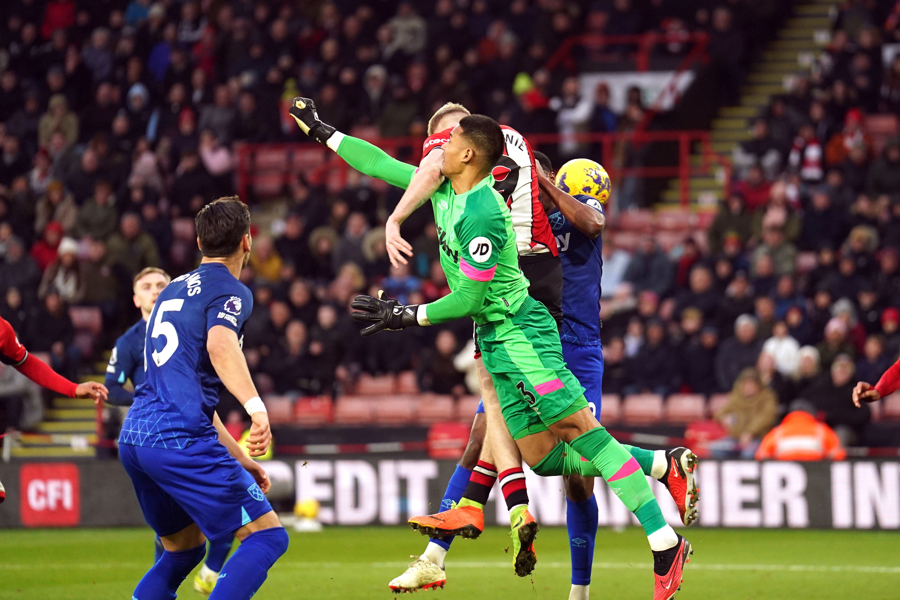 West Ham goalkeeper Alphonse Areola gave away the late penalty for a foul on Oli McBurnie