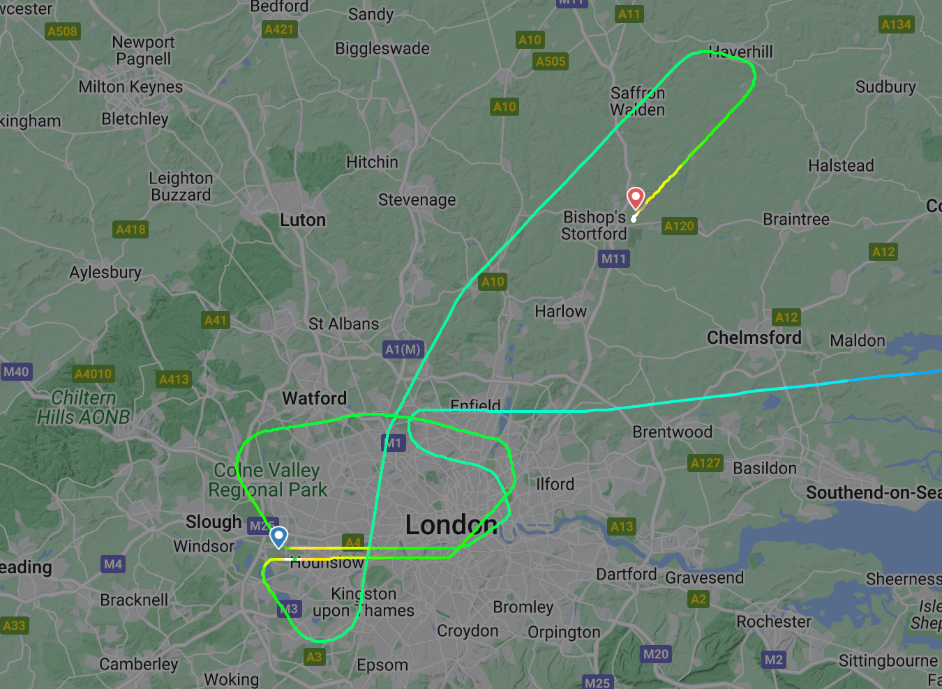 The route taken by a BA plane diverted from Heathrow to Stansted on Monday