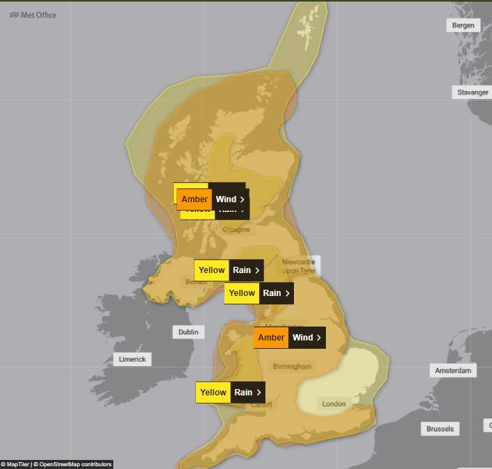 An amber weather warning for wind is now in force across much of the UK