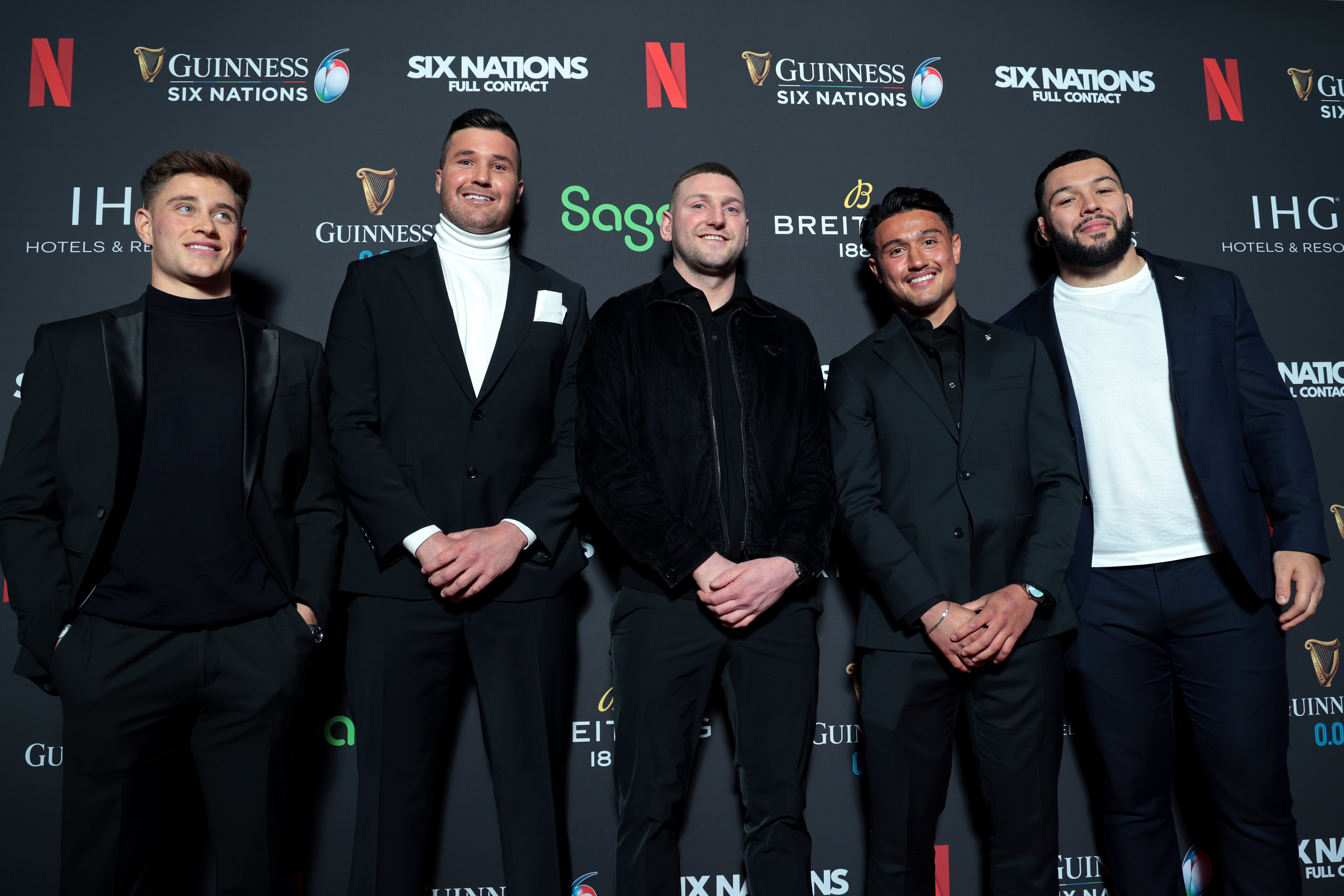 Finn Russell (centre) took to the red carpet for the premier of the new Netflix rugby documentary