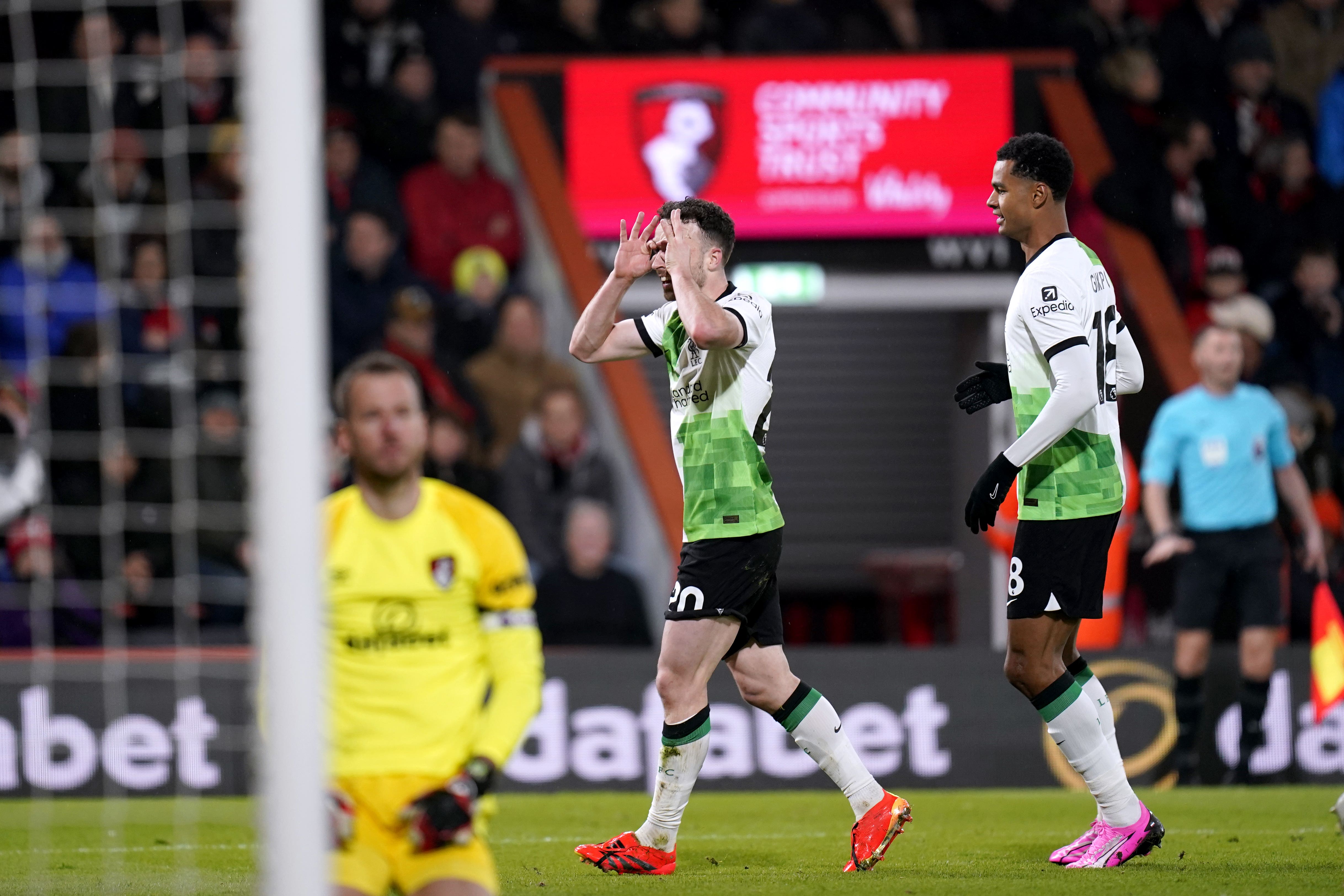 Diogo Jota (centre) scored twice to help Liverpool to victory over Bournemouth (Andrew Matthews/PA)