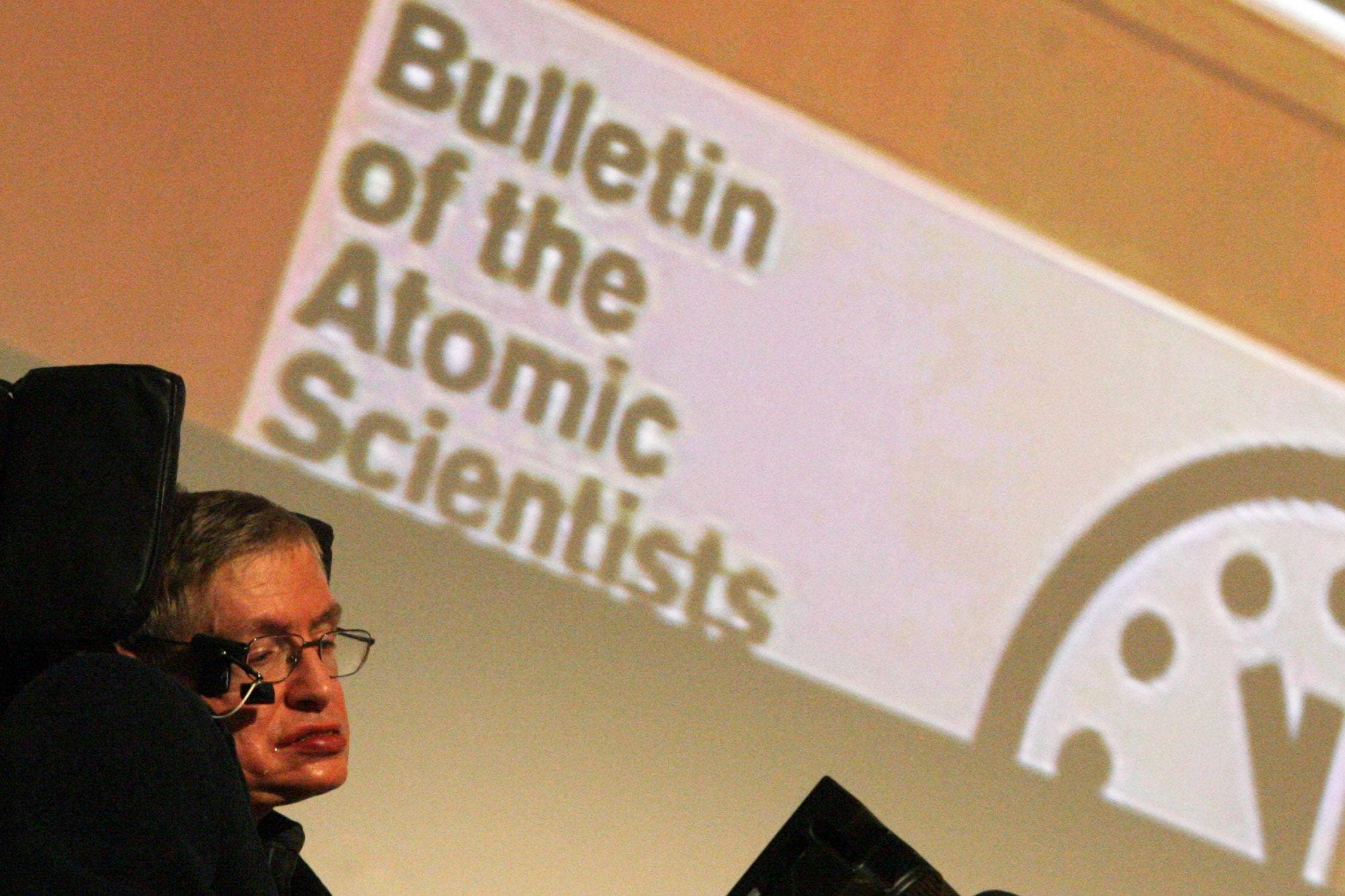 Professor Stephen Hawking at the joint press conference on the ‘Doomsday Clock’ (PA)