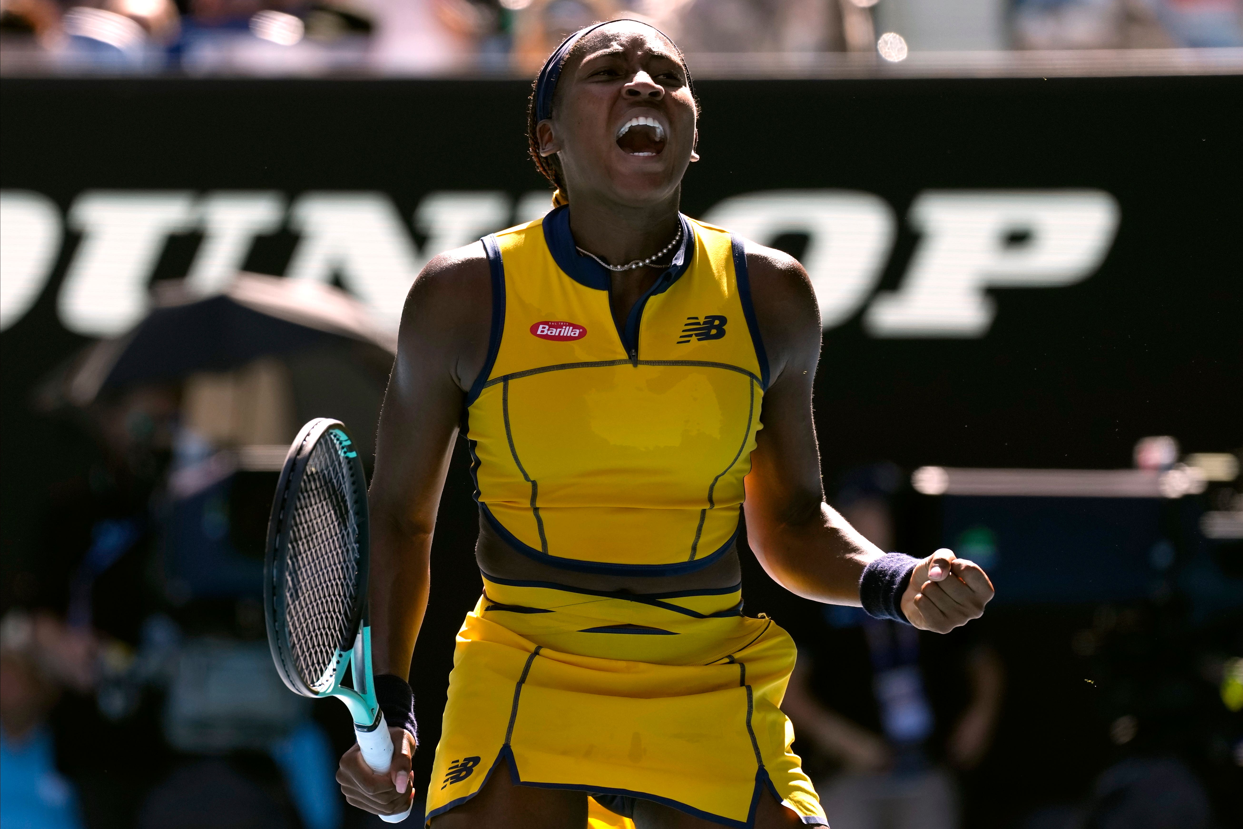 Coco Gauff celebrates beating Marta Kostyuk (Alessandra Tarantino/AP)