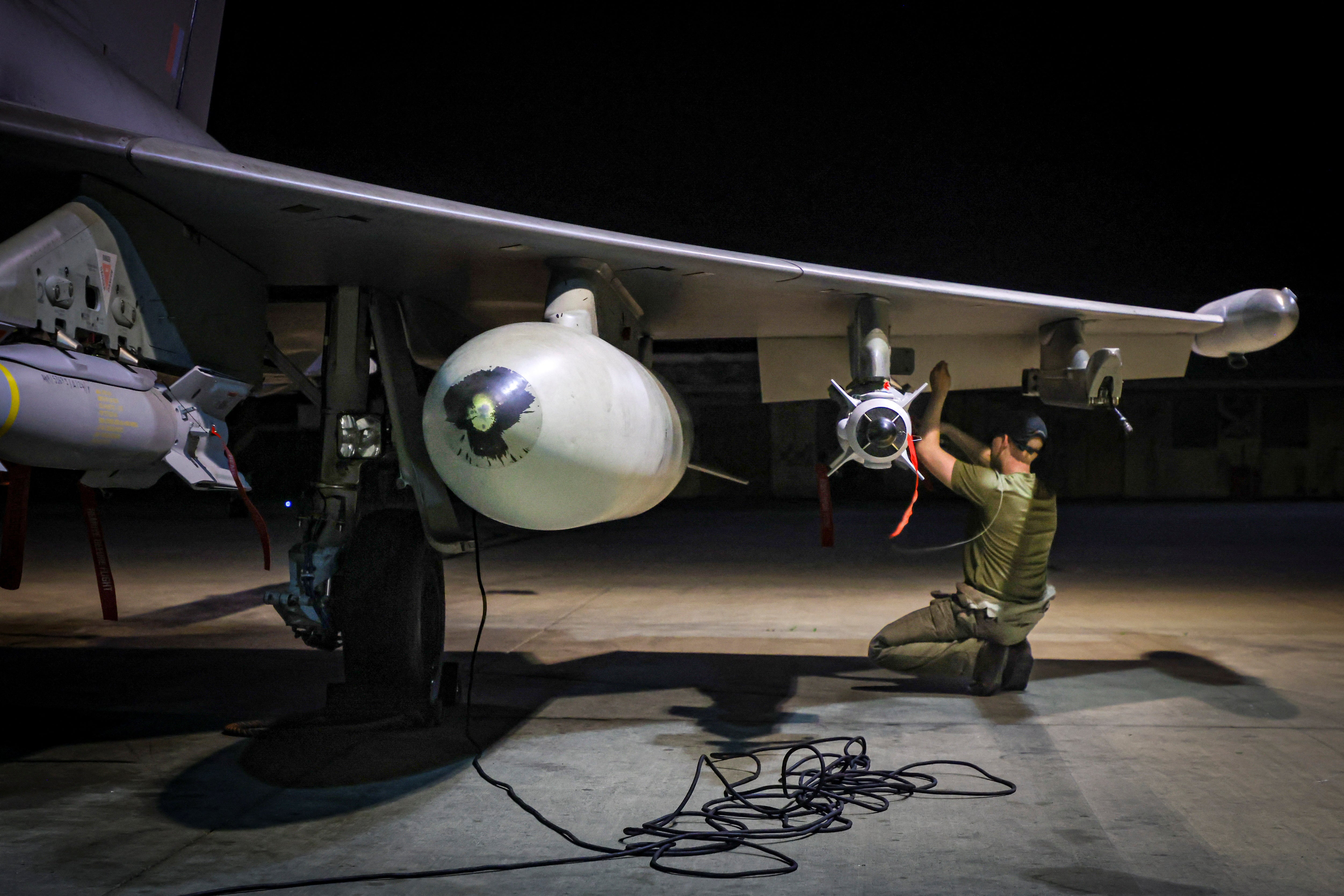 A Royal Air Force Typhoon is prepared in Cyprus for airstrikes against Houthi military targets in Yemen