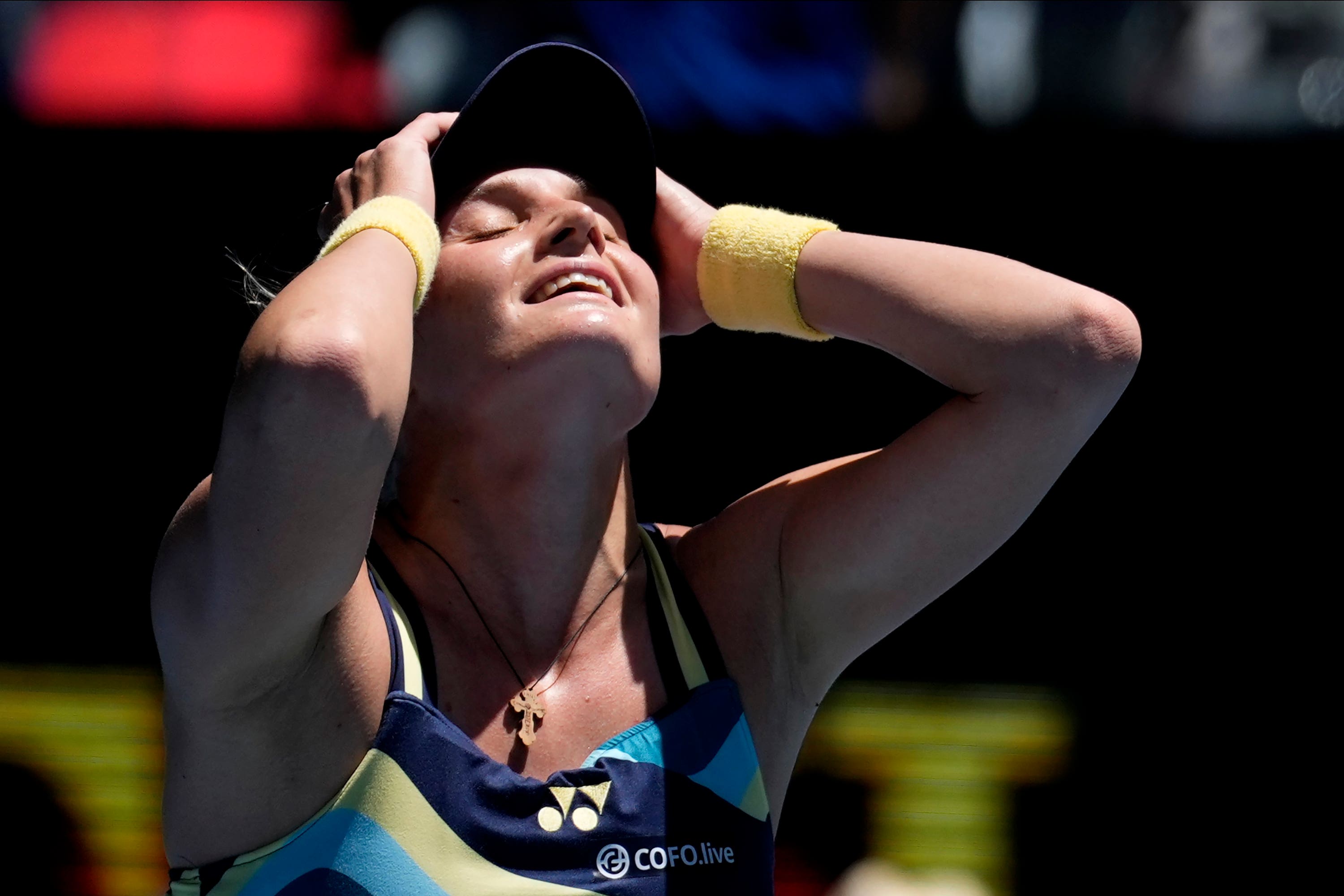 Dayana Yastremska celebrates her quarter-final win (Alessandra Tarantino/AP)