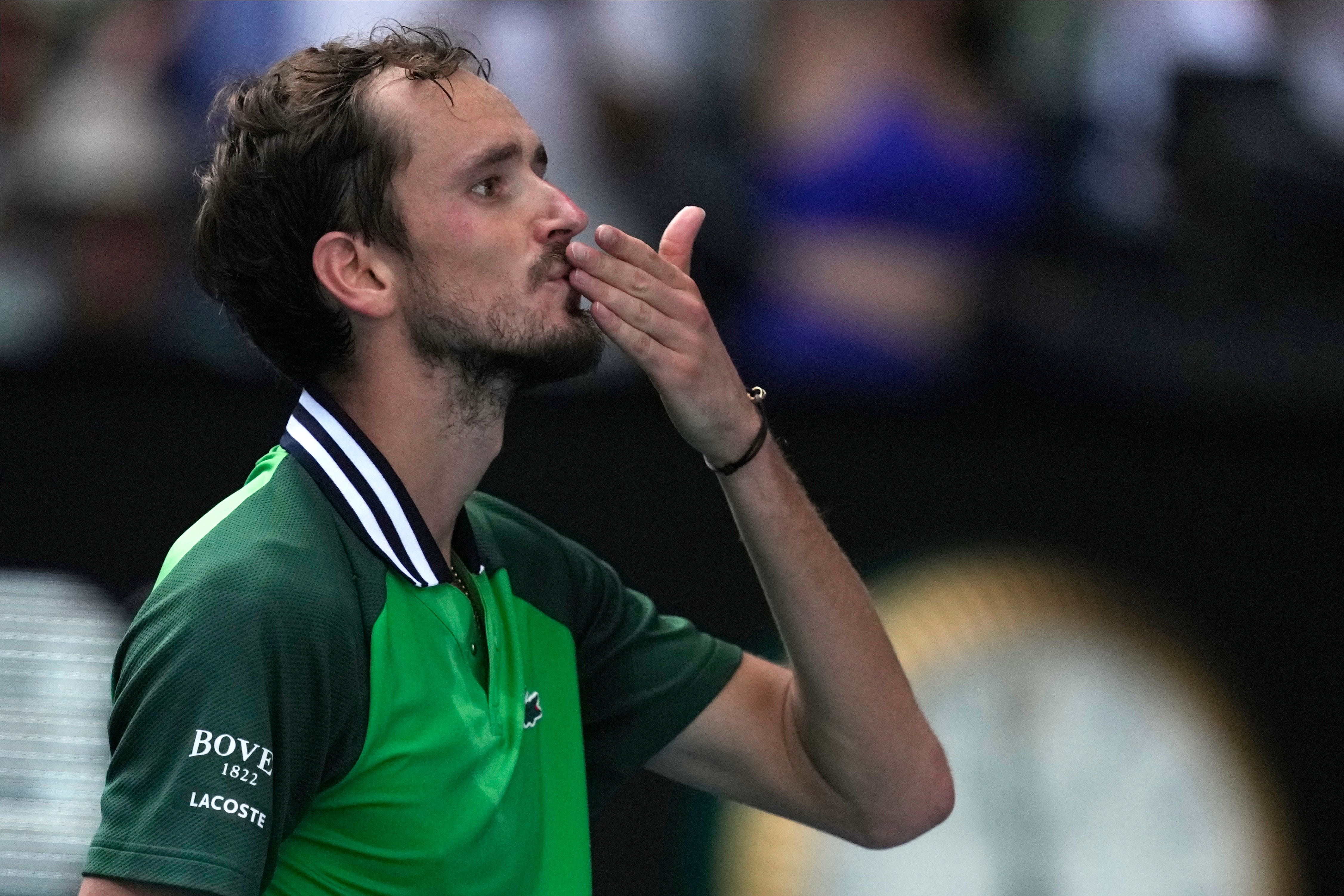 Daniil Medvedev blows kisses after beating Hubert Hurkacz (Louise Delmotte/AP)