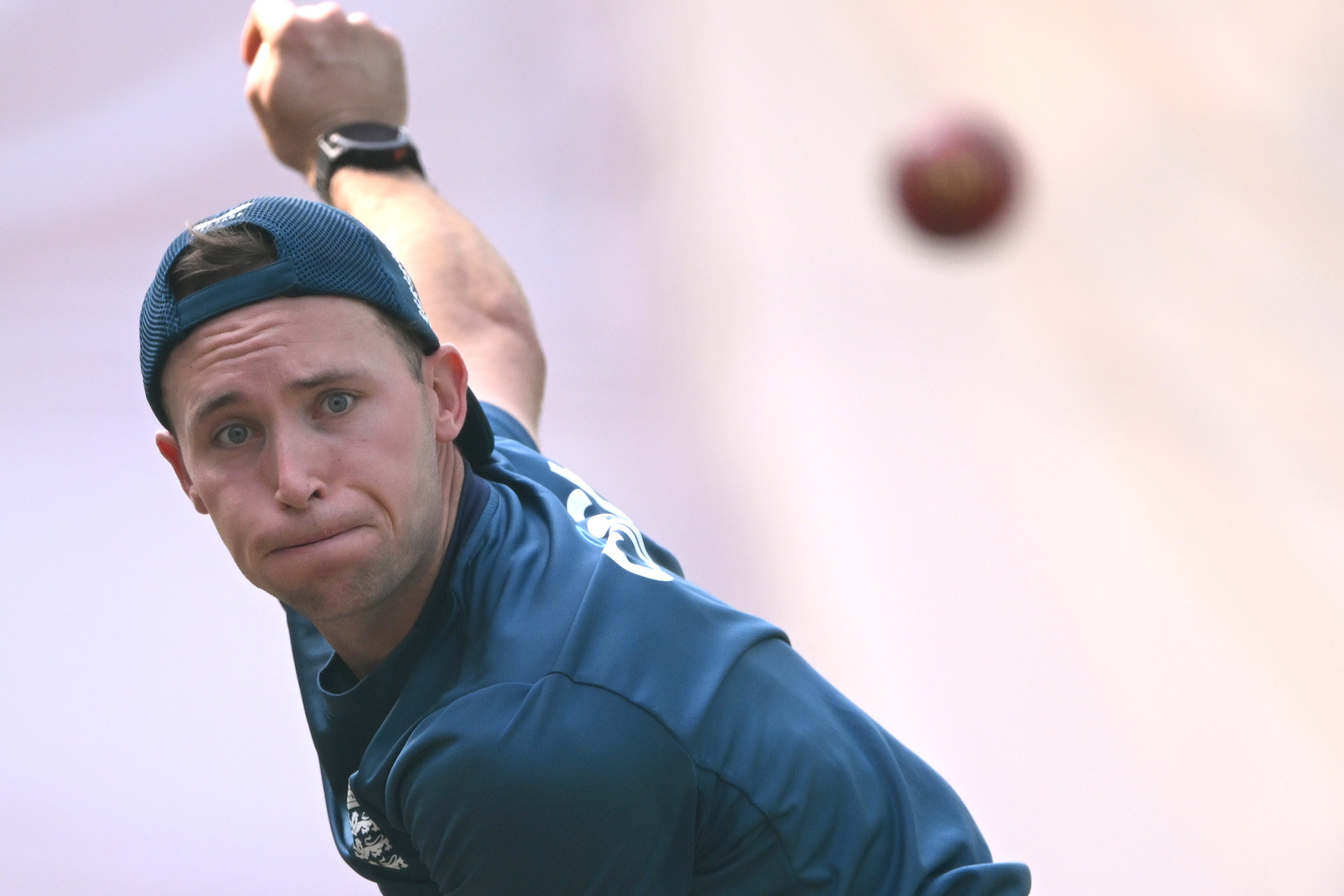 Tom Hartley in bowling action in the nets this week, before the first Test