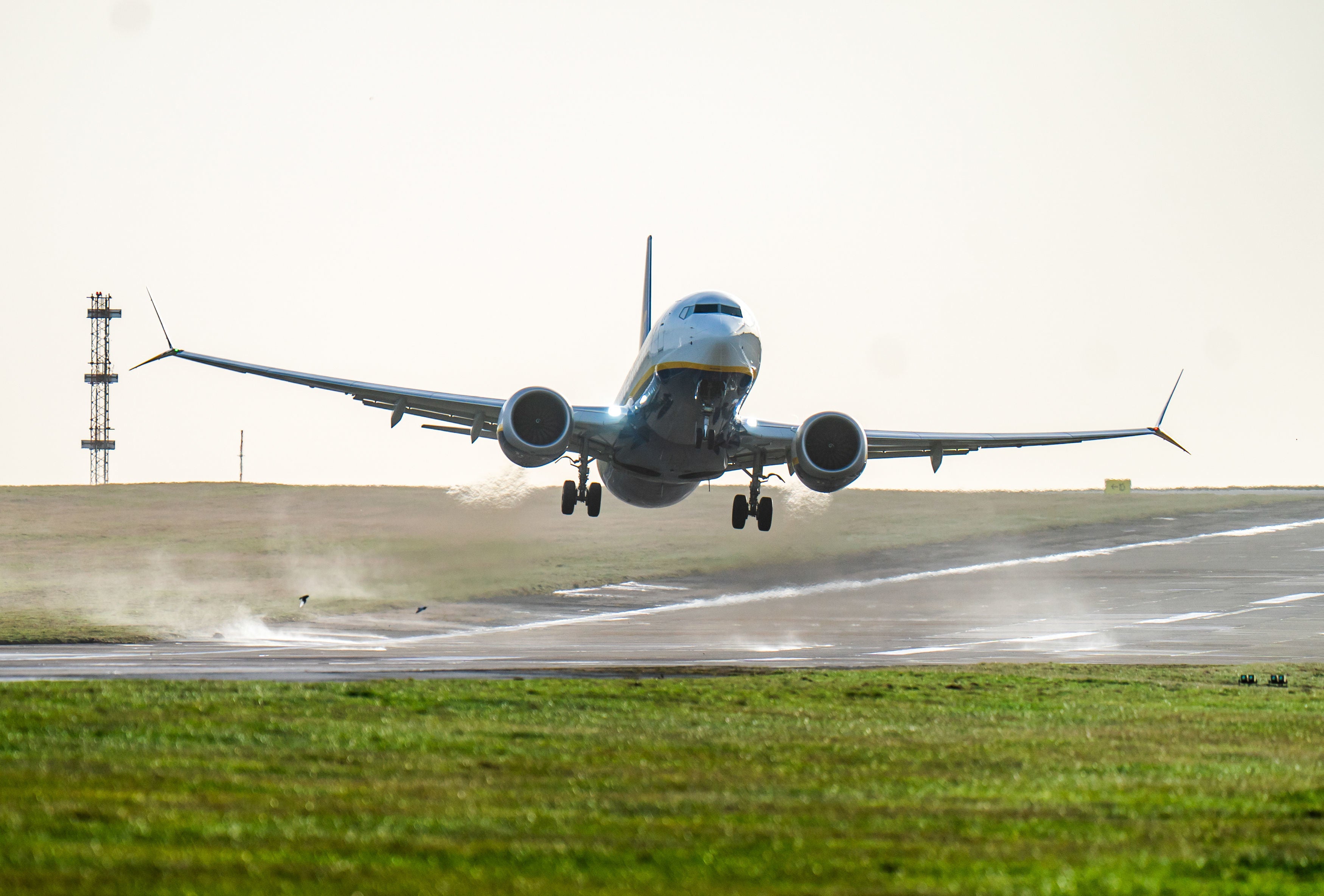 Ryanair flight FR2492 takes off from Leeds Bradford airport during high winds