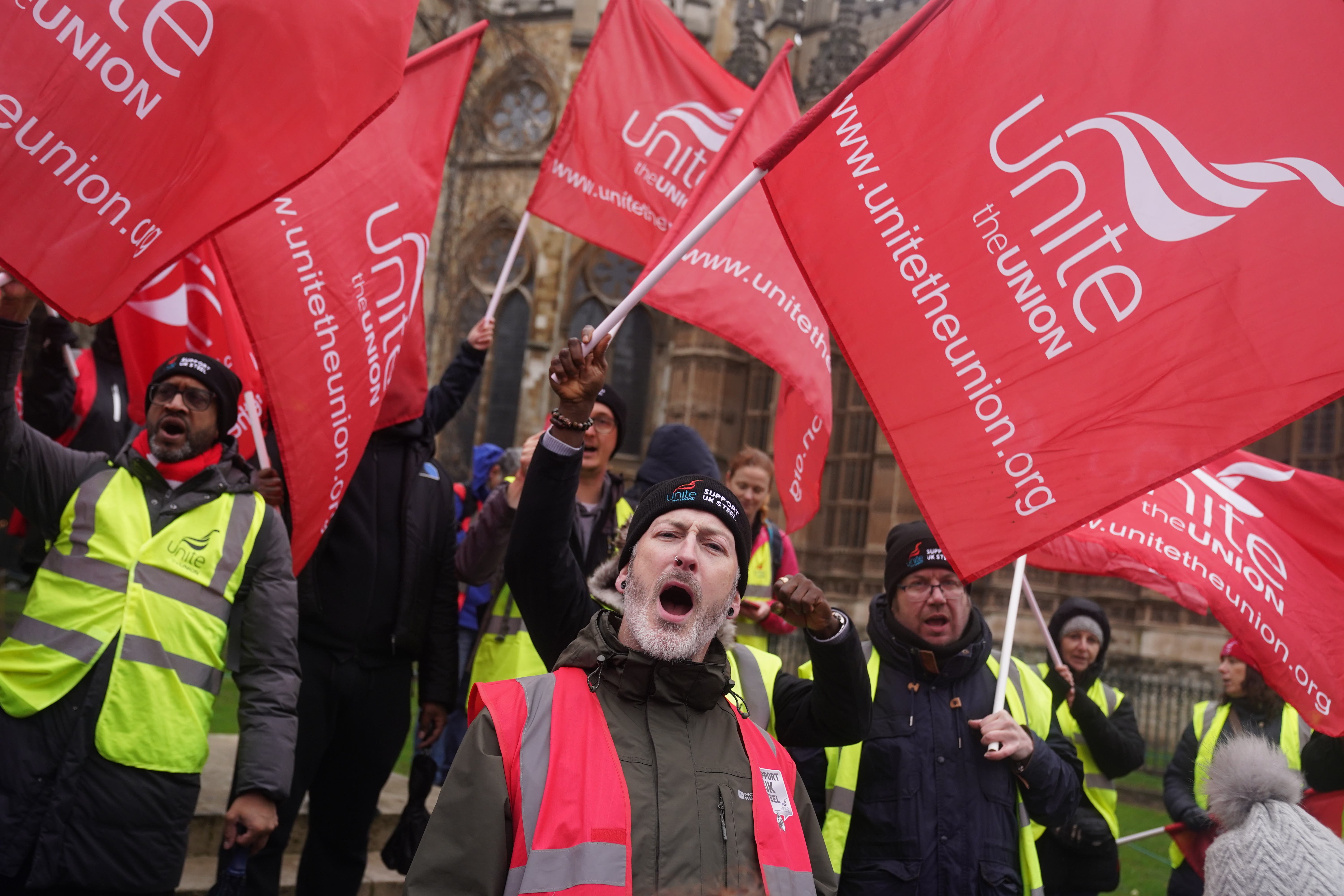 Workers from Tata’s Port Talbot steelworks gather at College Green, in Westminster, London, following the announcement last week that Tata is planning to close blast furnaces at the country’s biggest steel plant in South Wales (Lucy North/PA)