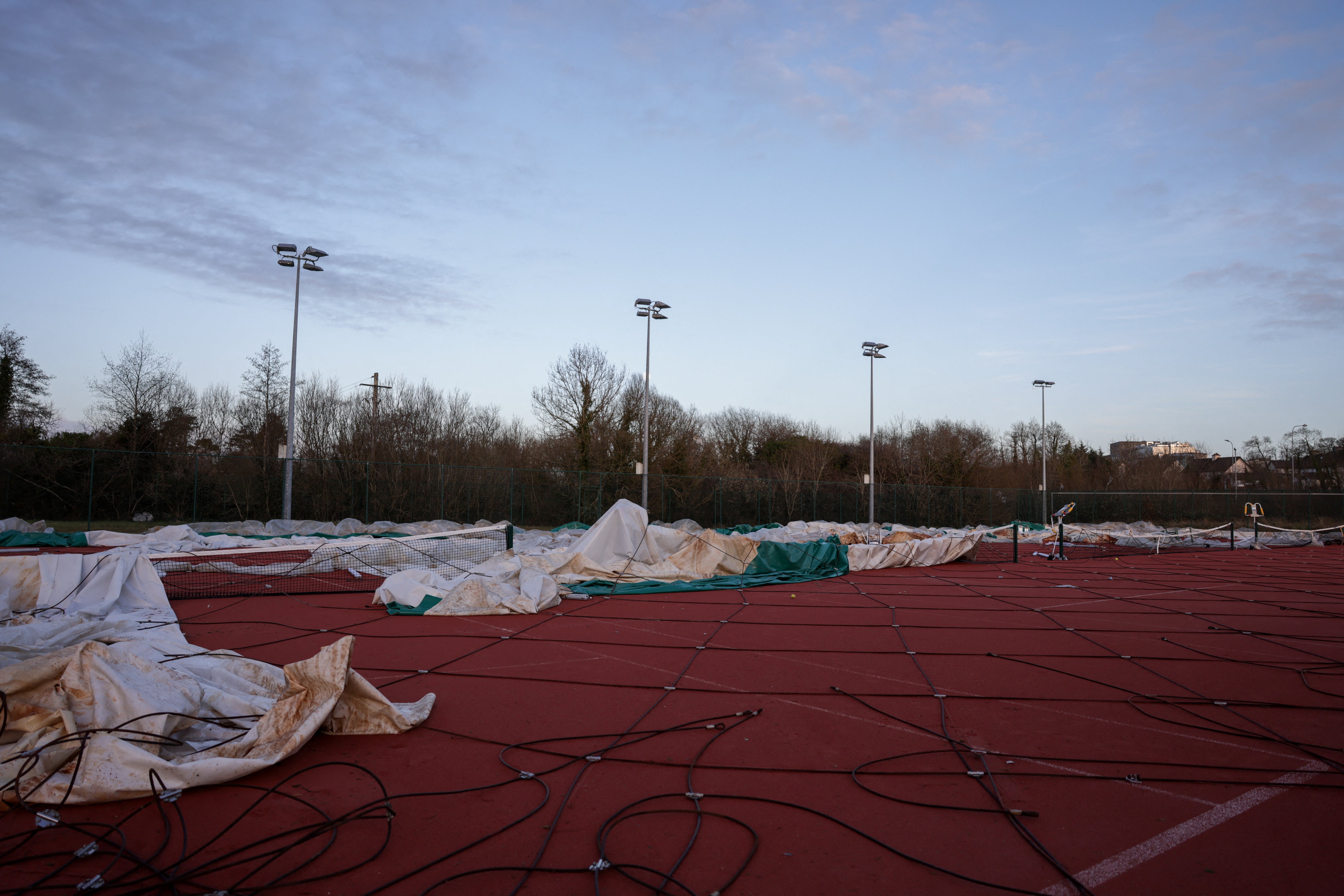 Castlebar Tennis Club dome is destroyed following recent storms, in Castlebar, County Mayo, Ireland,