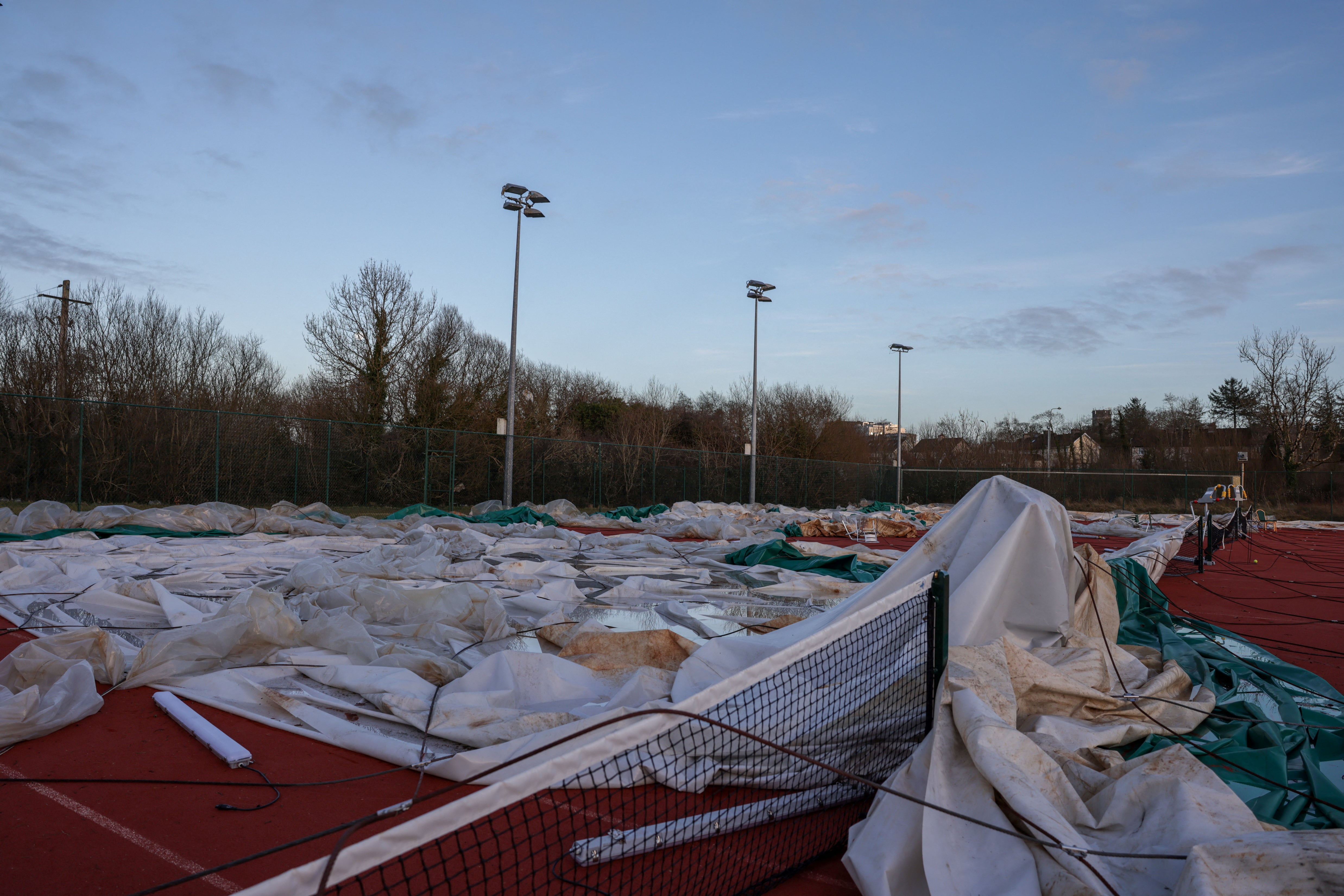 Castlebar Tennis Club dome is destroyed following recent storms, in Castlebar, County Mayo, Ireland,