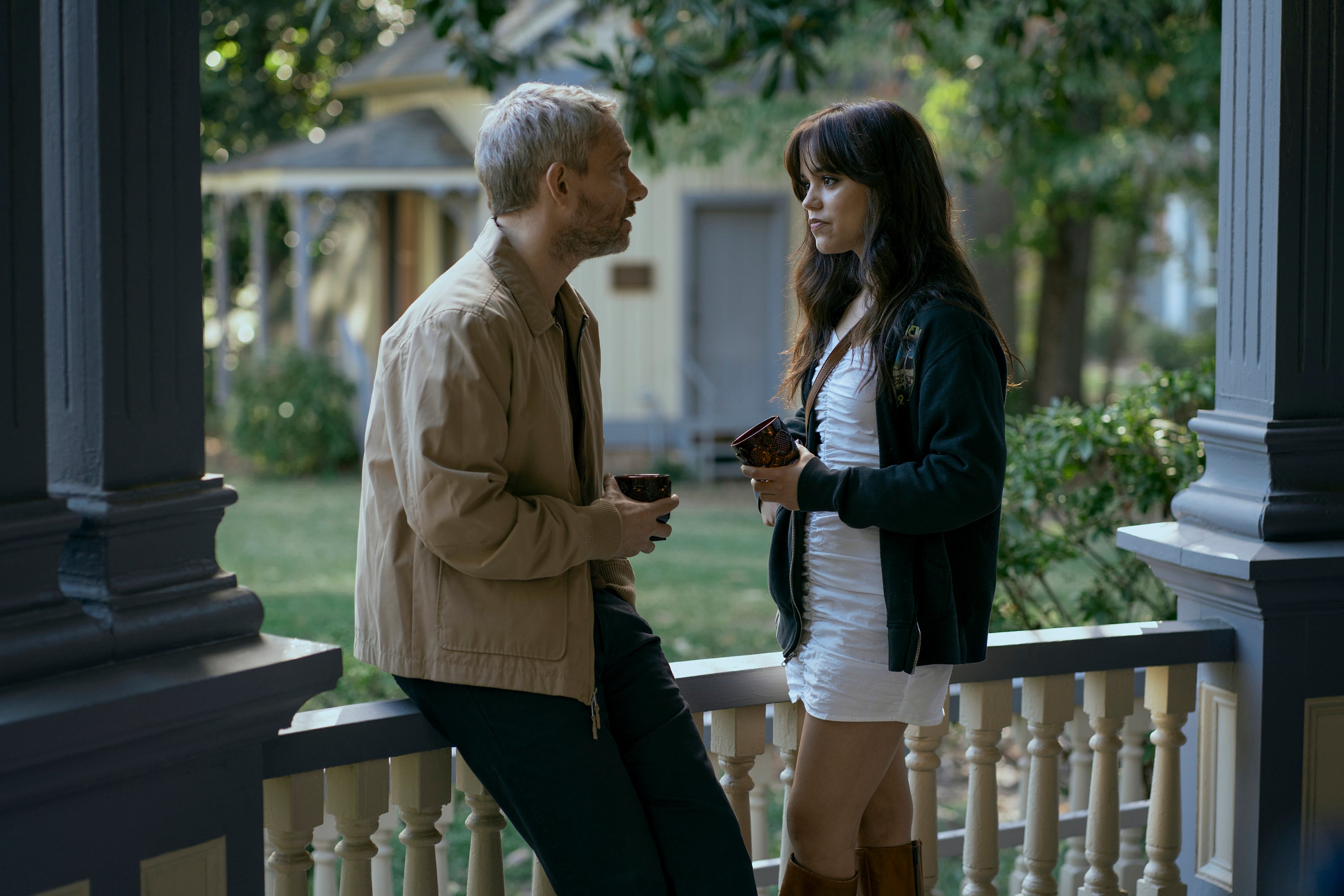 Martin Freeman as Jonathan Miller and Jenna Ortega as Cairo in ‘Miller’s Girl’