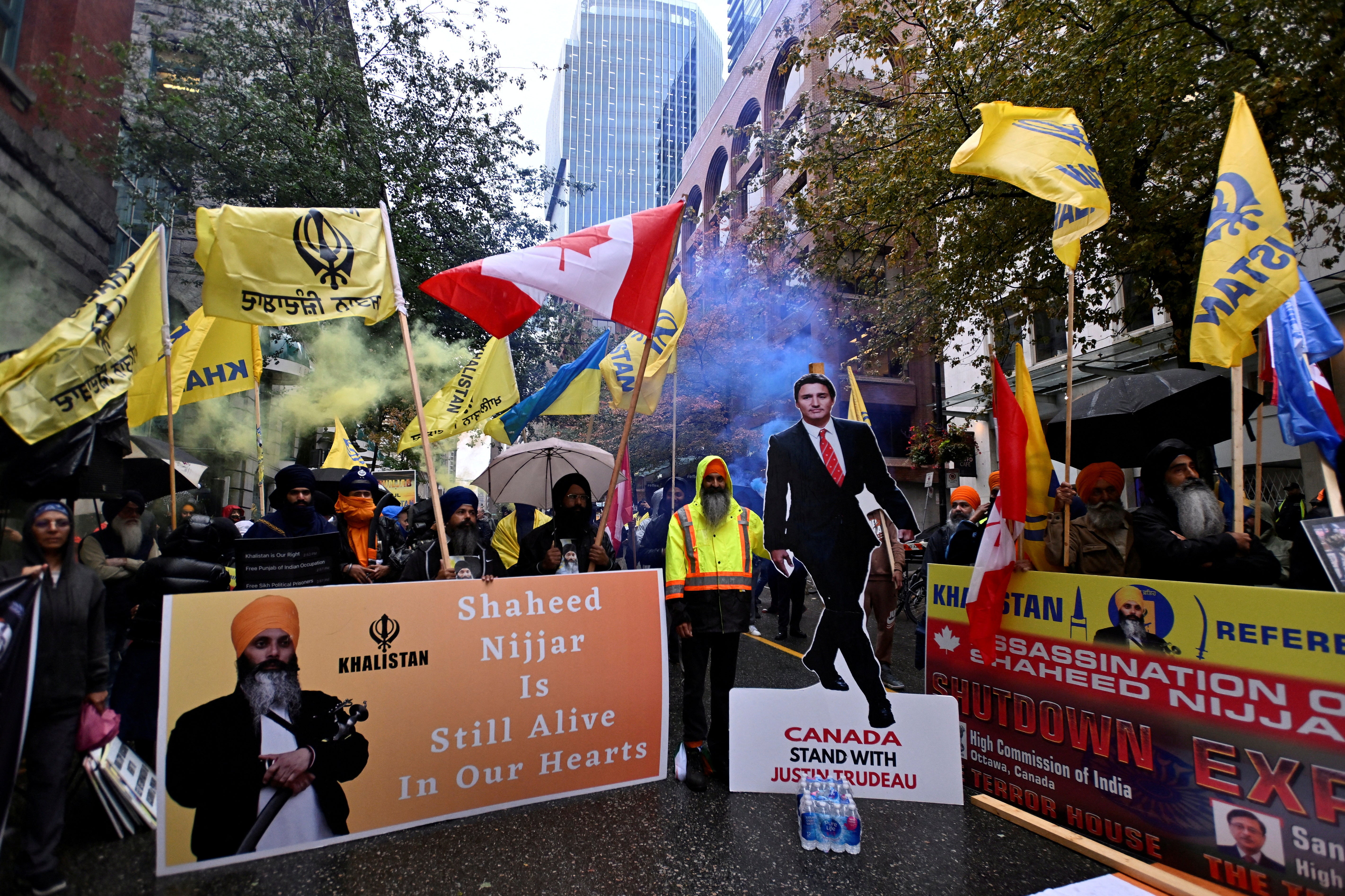 Protesters gather outside an India’s consulate in Canada after Prime Minister Justin Trudeau raised the prospect of India’s involvement in the 2023 murder of Sikh leader Hardeep Singh Nijjar