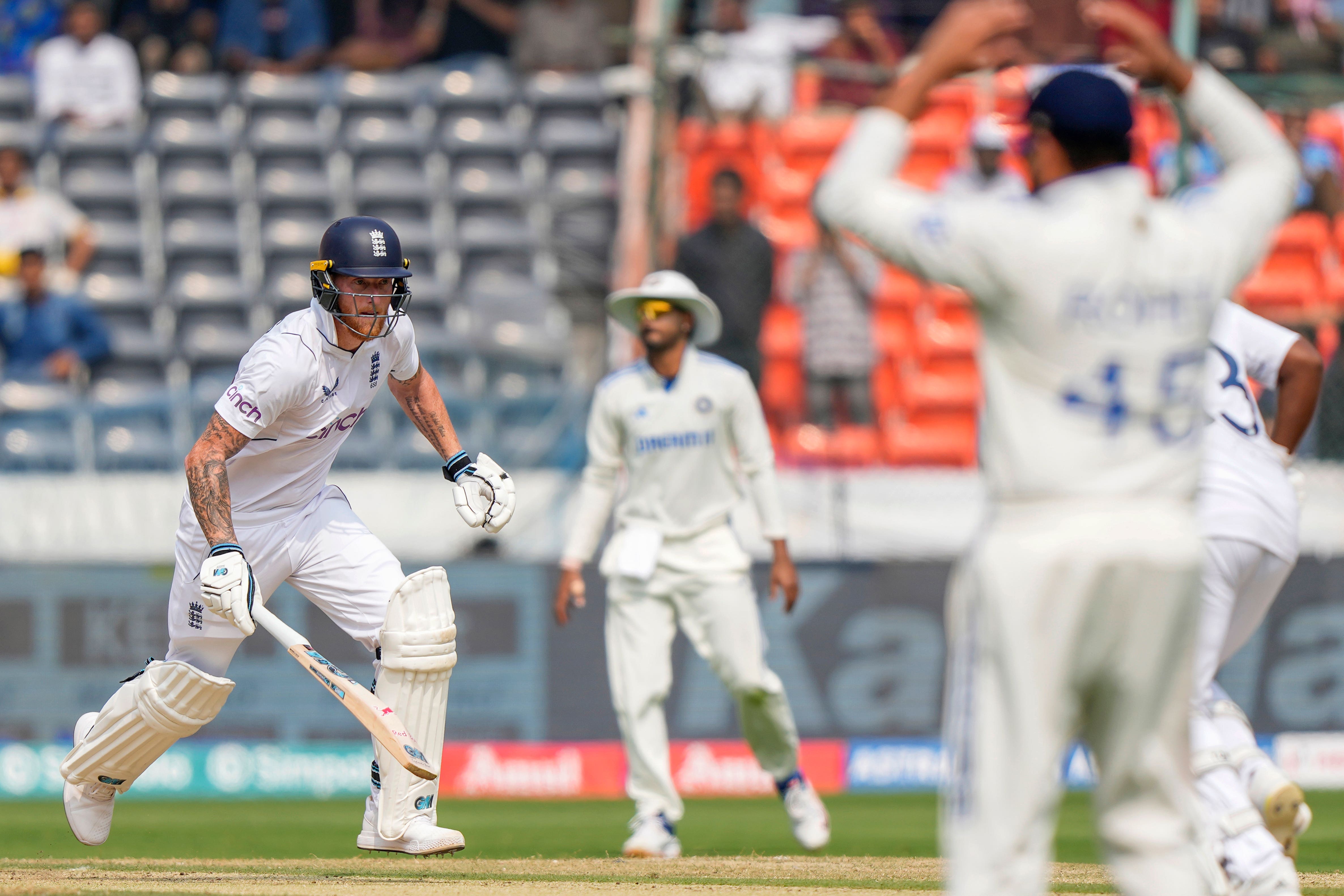 Ben Stokes was edging towards a 50 at tea (Mahesh Kumar A/AP)