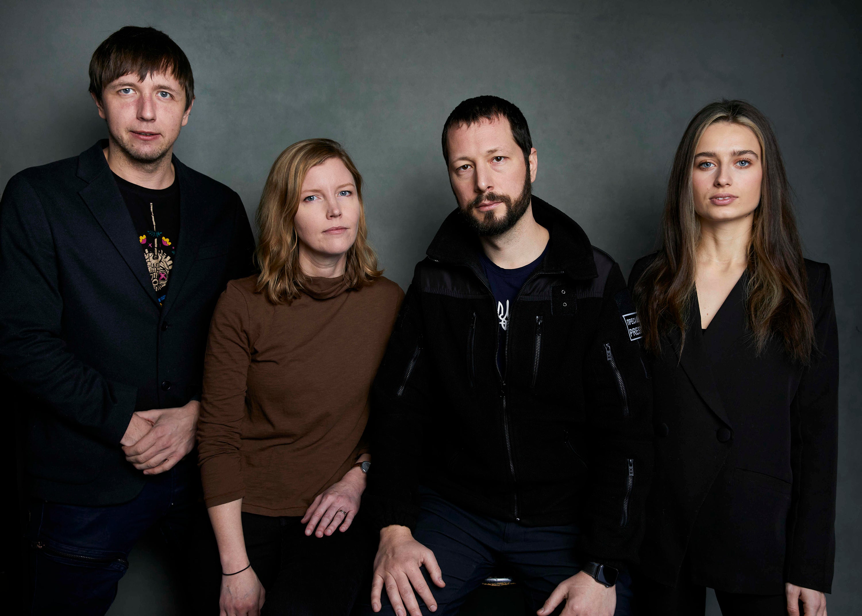 Photographer Evgeniy Maloletka, from left, "Frontline" producer/editor Michelle Mizner, director Mstyslav Chernov, and field producer Vasilisa Stepanenko pose for a portrait to promote the film "20 Days in Mariupol"