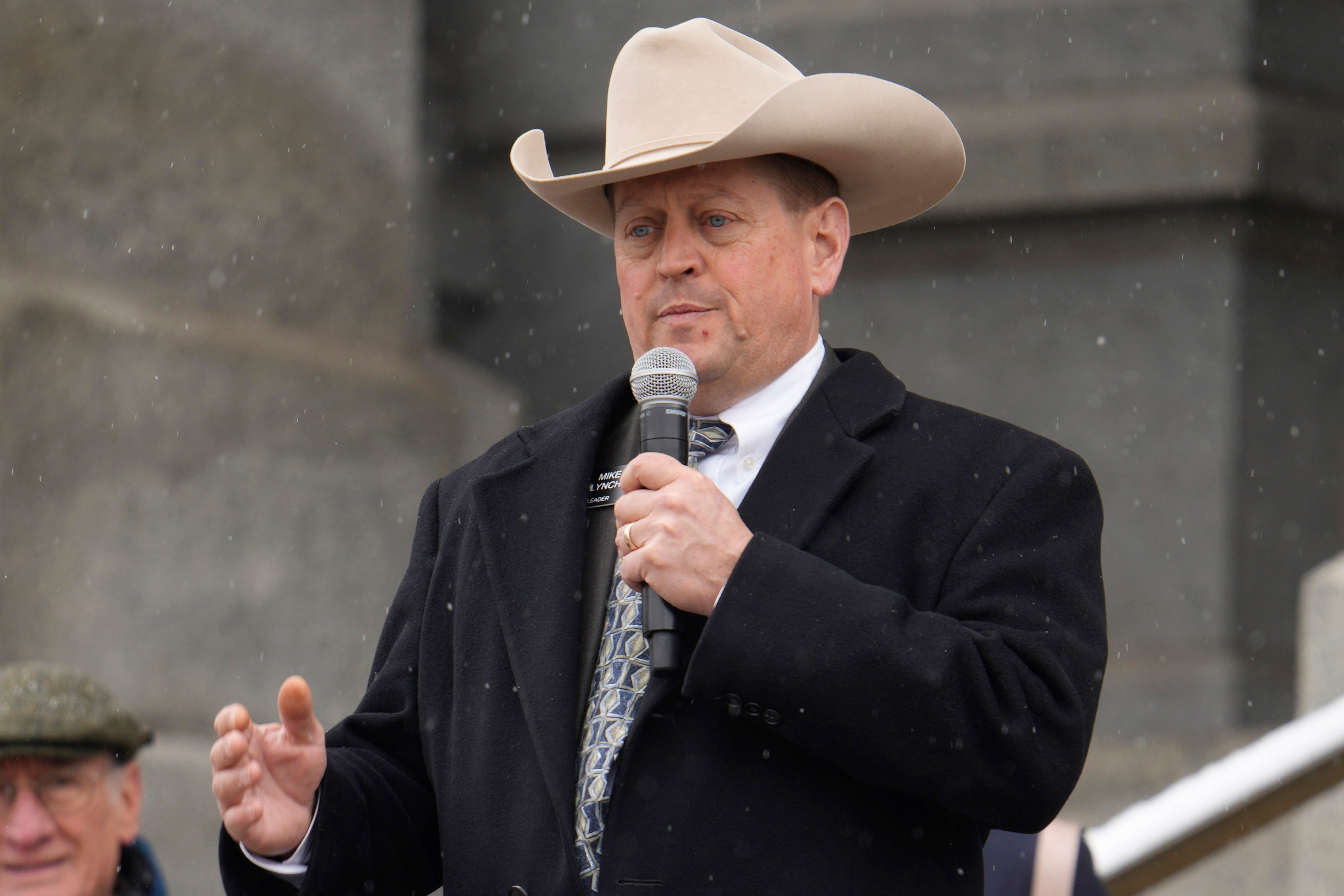 Mike Lynch, Colorado House of Representatives minority leader, R-Wellington, addresses attendees during a rally