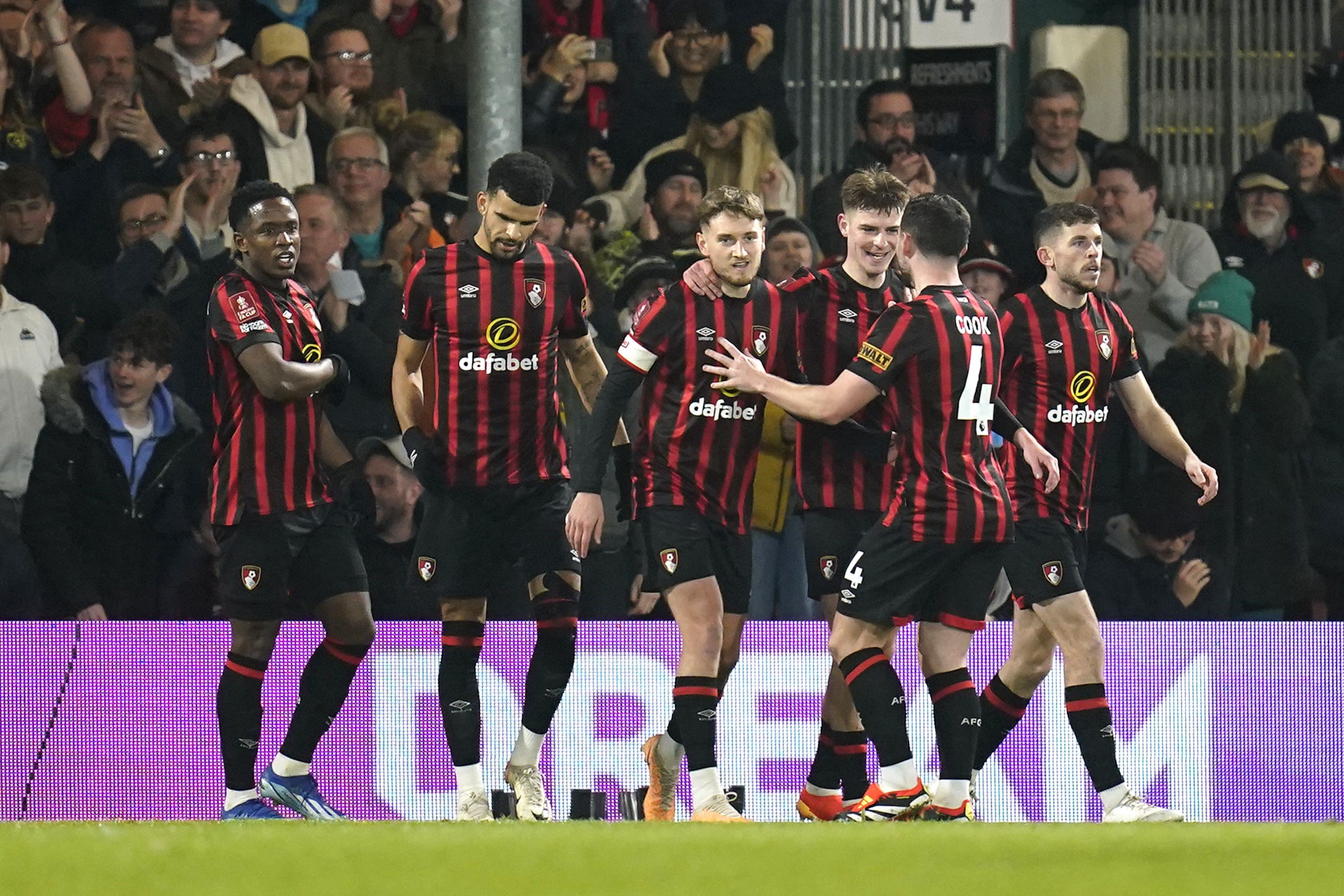 Bournemouth’s Alex Scott (third right) celebrates scoring their side’s second goal of the game with team-mates during the Emirates FA Cup Fourth Round at the Vitality Stadium, Bournemouth. Picture date: Wednesday January 25, 2024.