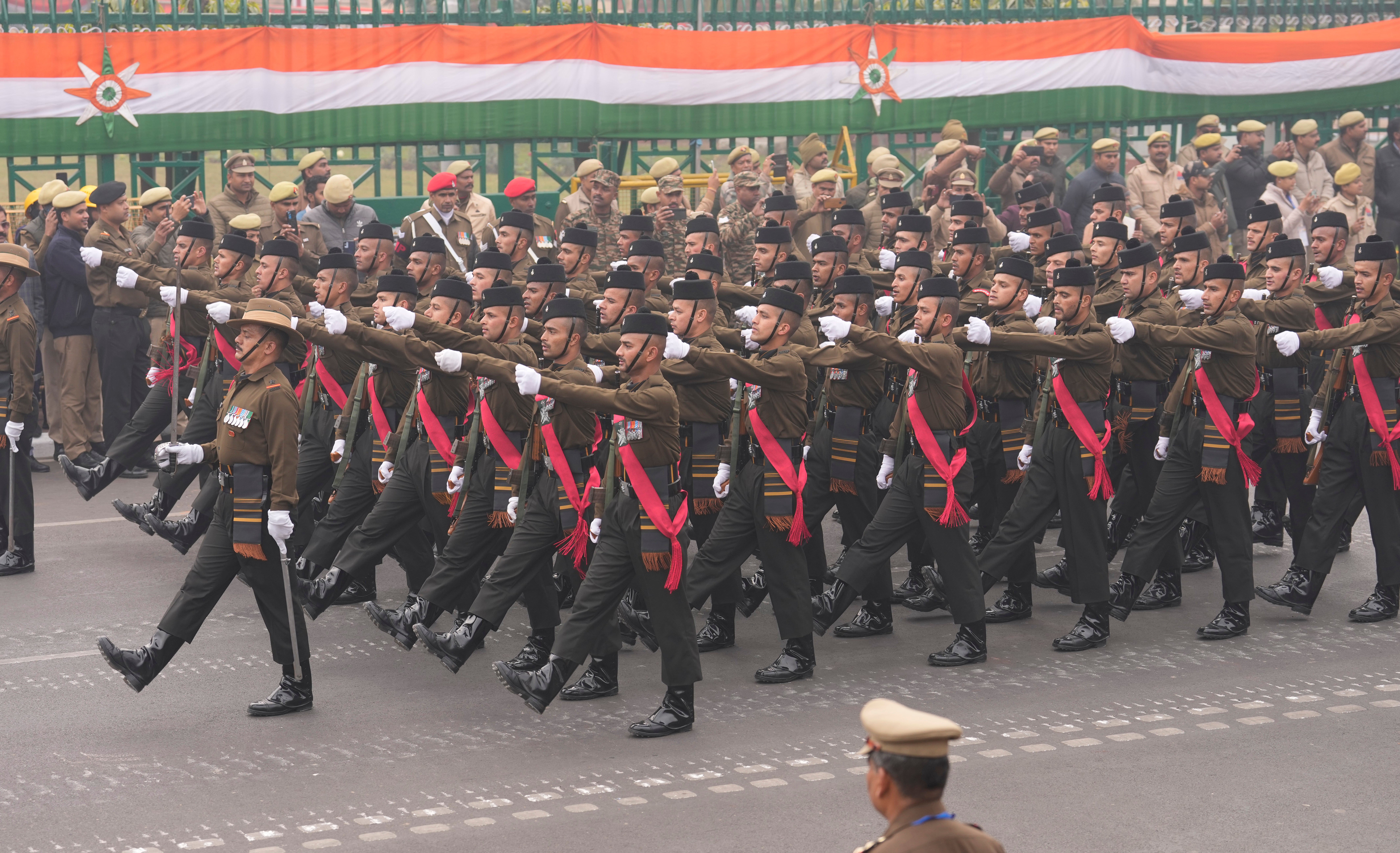 Indian army soldiers march in front of the Vidhan Sabha during the Republic Day parade in Lucknow, capital of northern Indian state of Uttar Pradesh, Friday, 26 January 2024