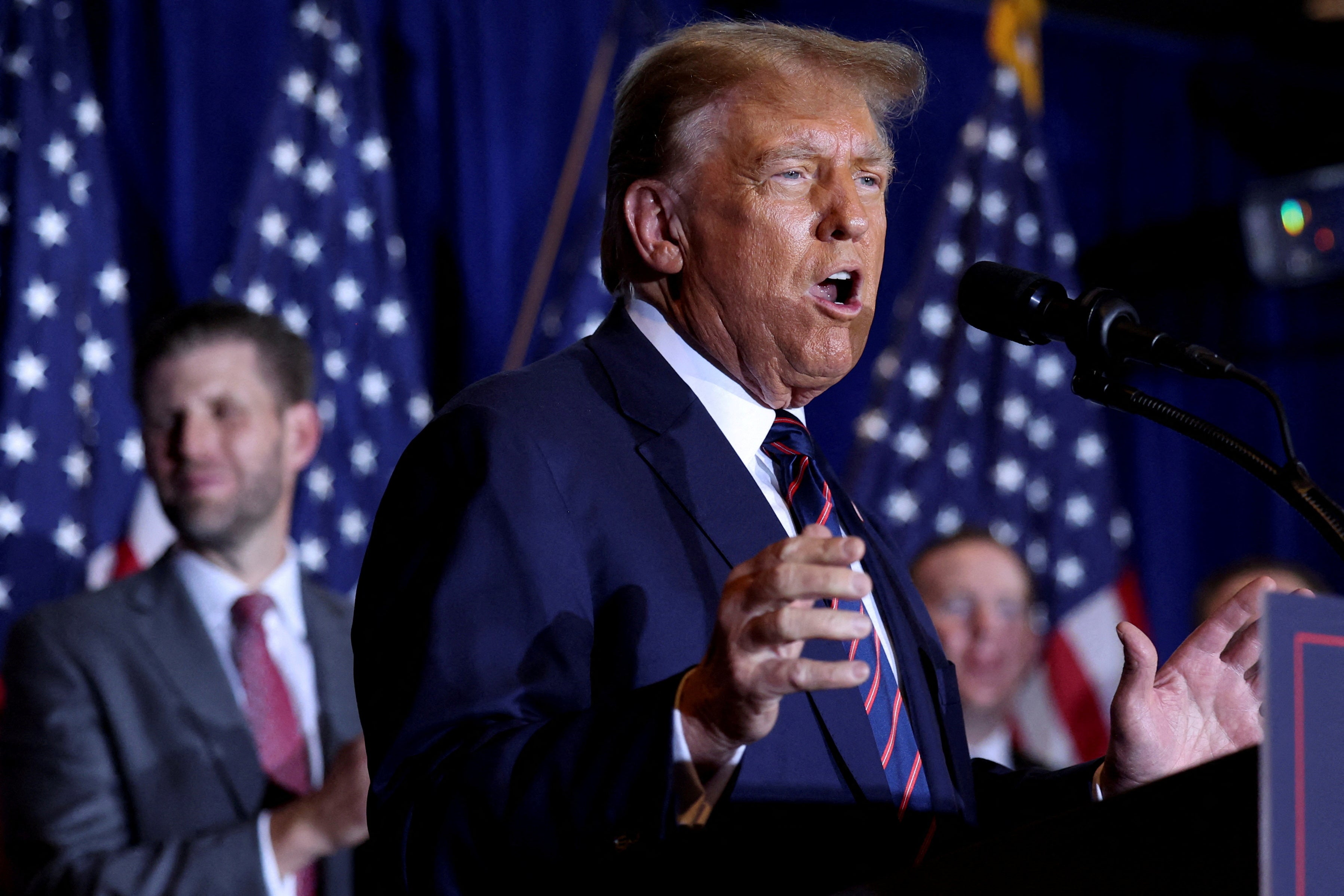 Republican presidential candidate and former U.S. President Donald Trump speaks during his New Hampshire presidential primary election night watch party, in Nashua, New Hampshire on January 23, 2024.