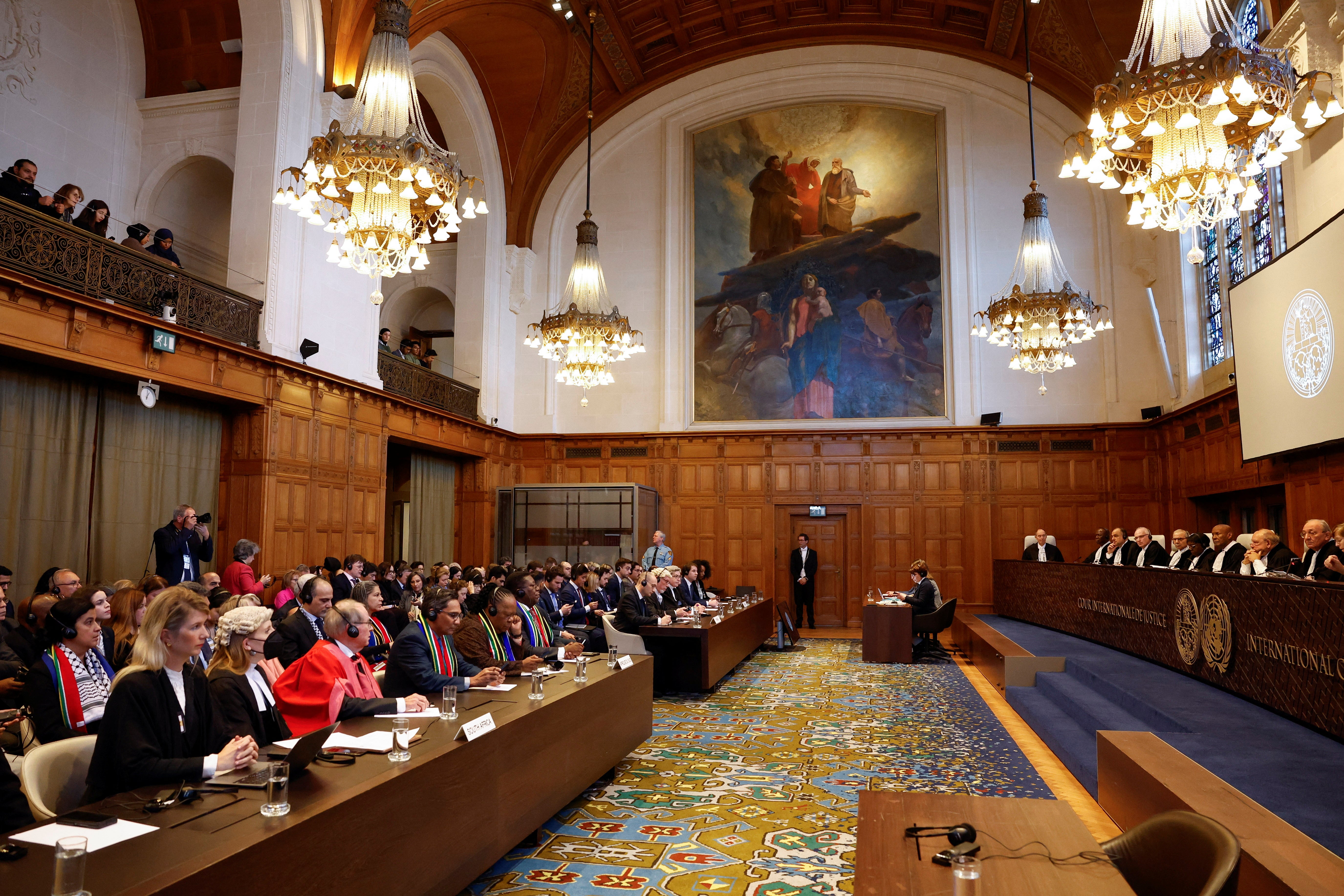 Judges at the International Court of Justice (ICJ) rule on emergency measures against Israel following accusations by South Africa that the Israeli military operation in Gaza is a state-led genocide, in The Hague, Netherlands, on Friday