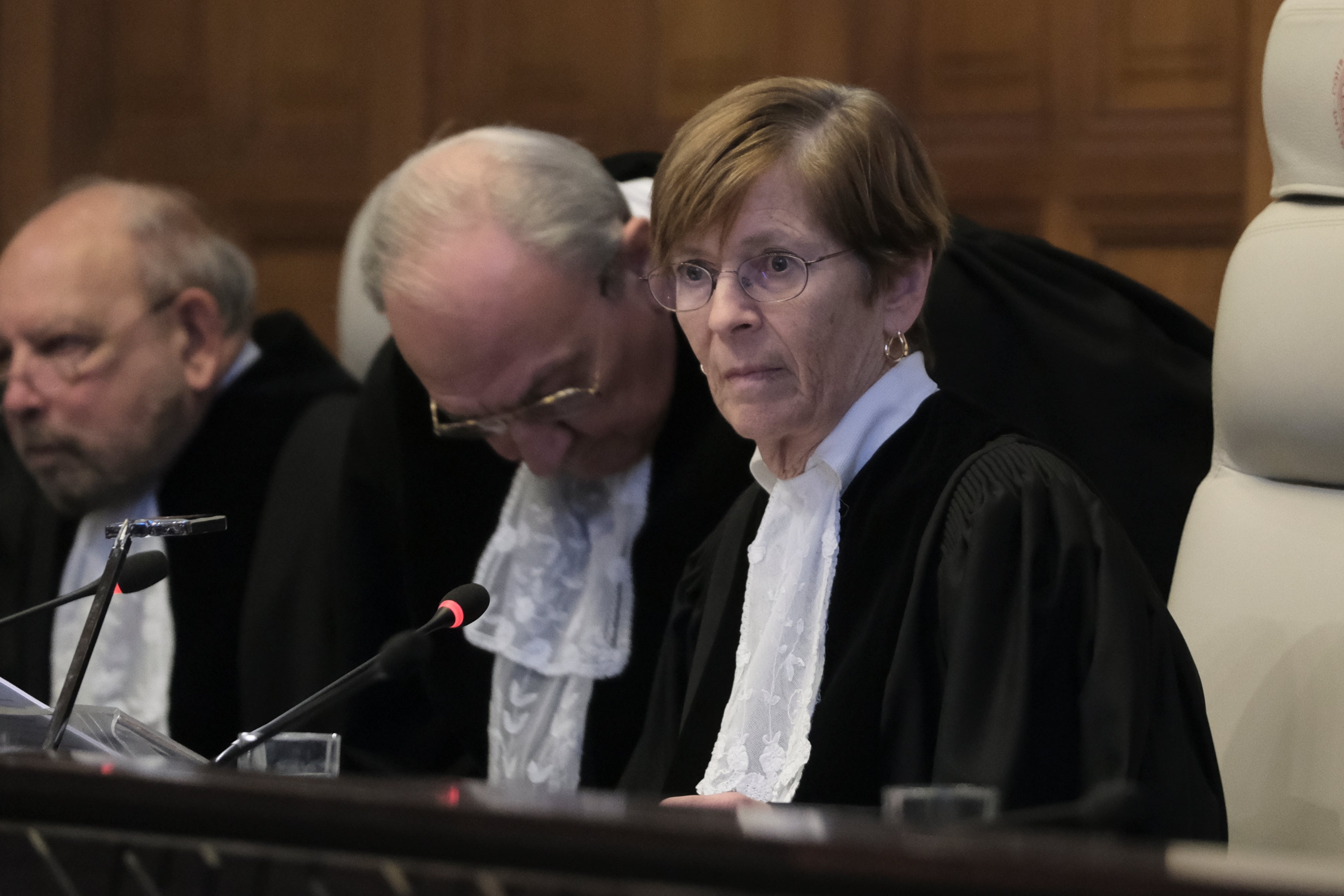 Presiding judge Joan Donoghue opens the session at the International Court of Justice, or World Court, in The Hague, Netherlands, on Friday