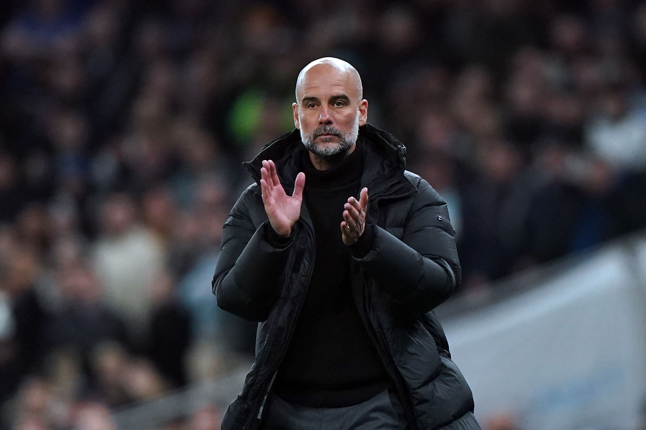 Pep Guardiola watched Manchester City score for the first time at Tottenham (Bradley Collyer/PA)