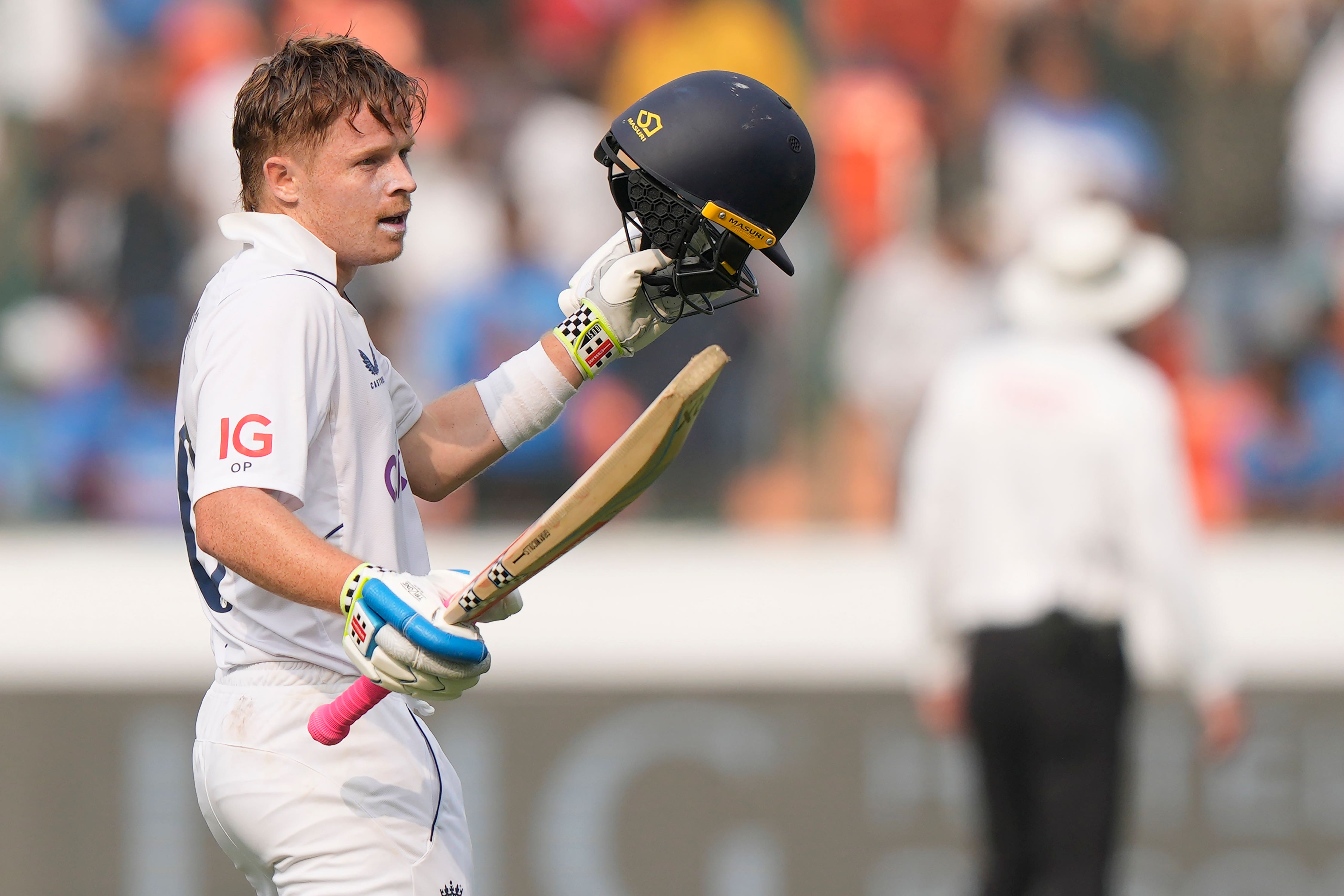 England’s Ollie Pope celebrates his hundred (Mahesh Kumar A/AP).