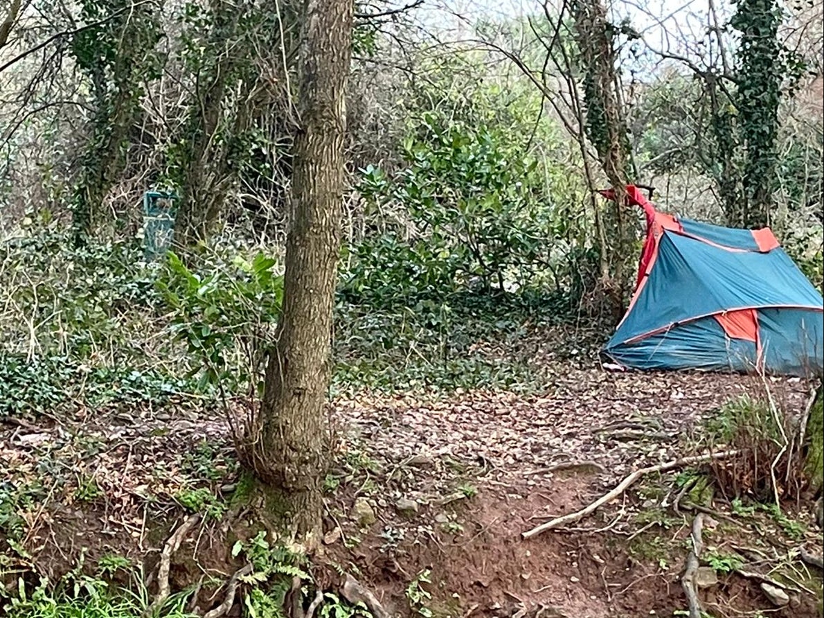 Fire damage can be seen at the bottom of the tent where Chris was injured