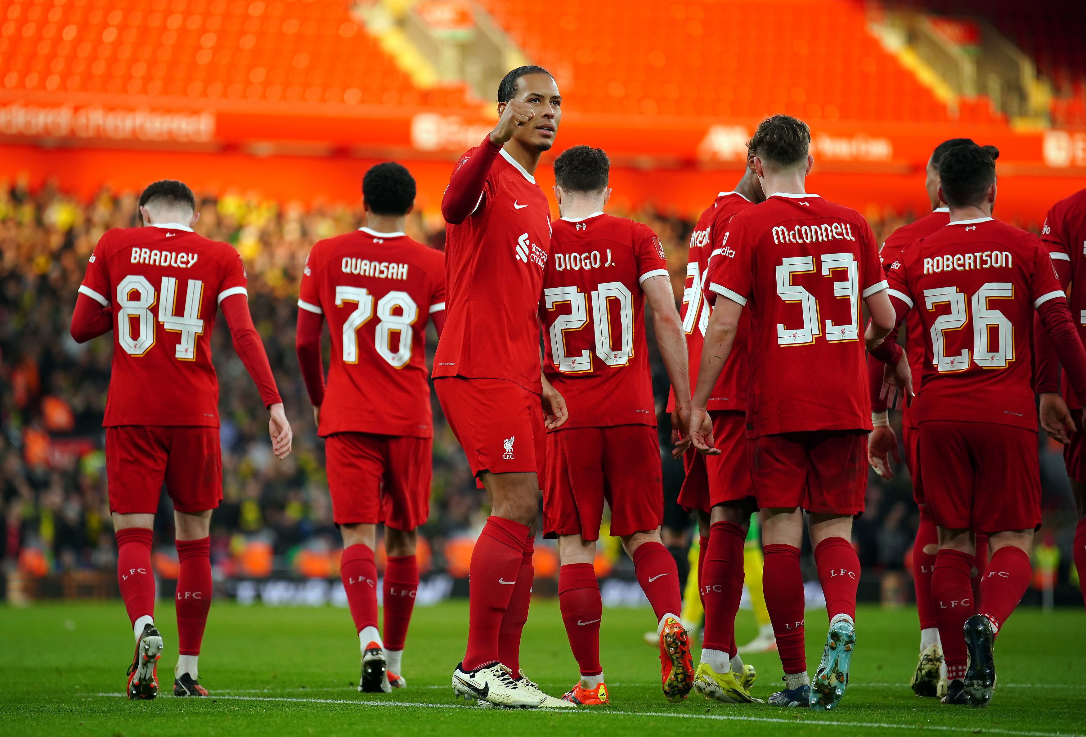 Liverpool's Virgil van Dijk celebrates scoring their side's fourth goal of the game during the Emirates FA Cup fourth-round match at Anfield