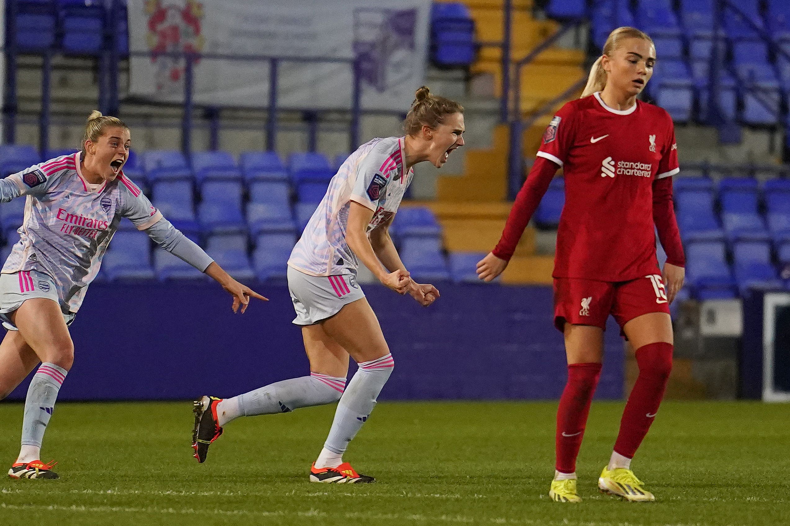 Vivianne Miedema, centre, netted her first goal since December 2022 in Arsenal’s 2-0 victory over Liverpool (Martin Rickett/PA)