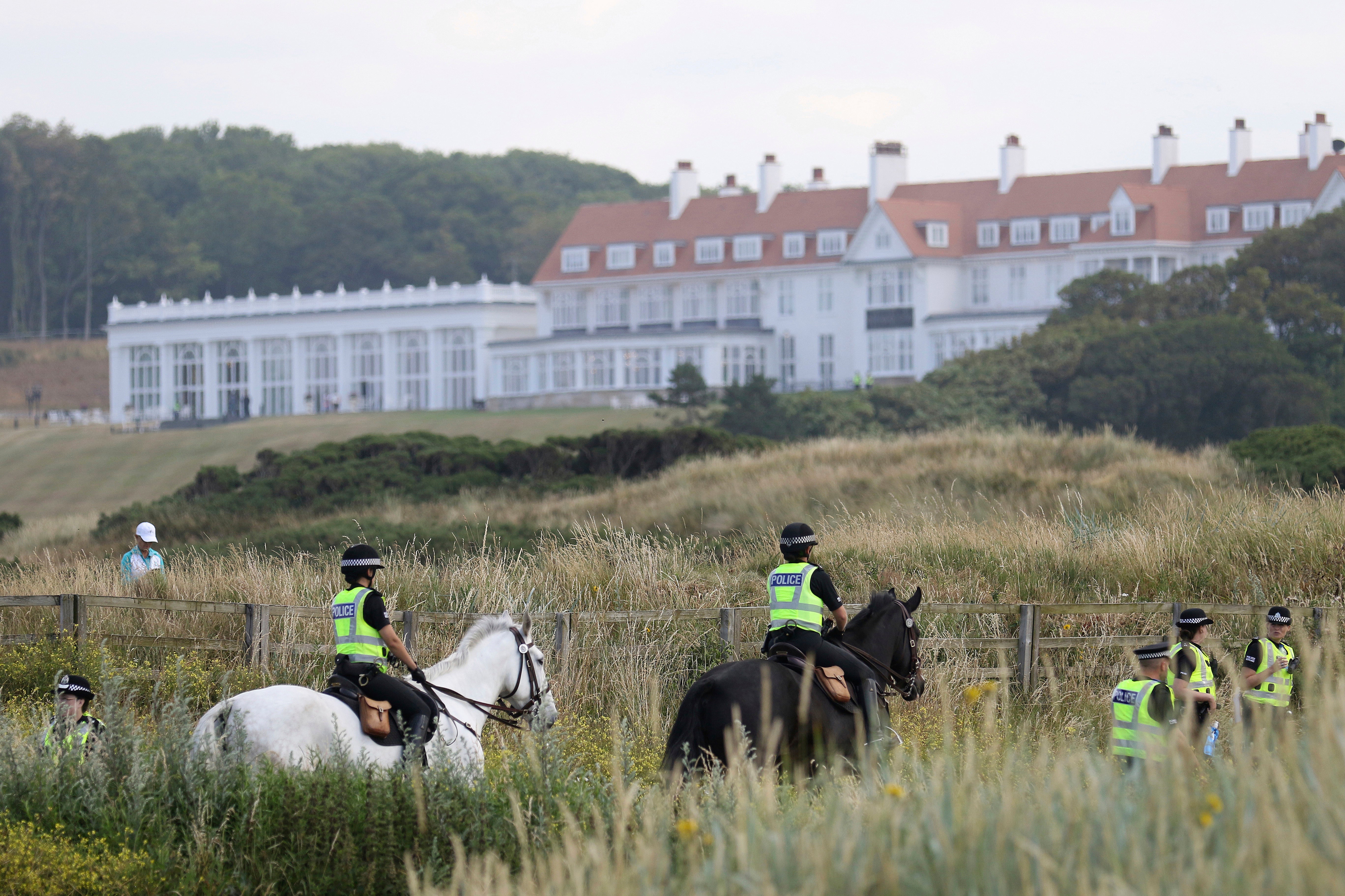 Police patrol the Trump Turnberry golf resort in Turnberry, Scotland, in July 2018