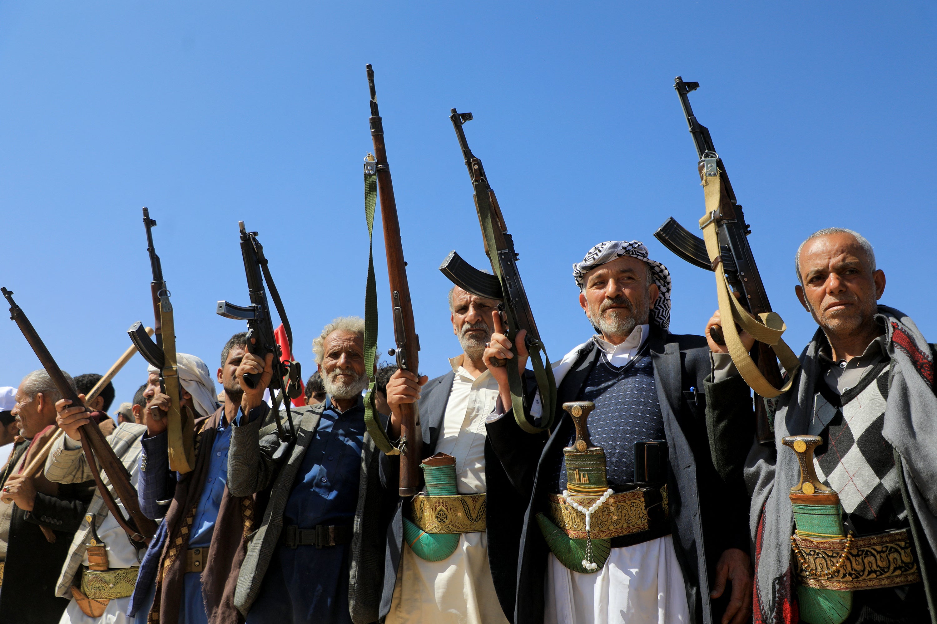 Armed supporters of Yemen's Houthi rebels attend a rally in support of the the Palestinian people in the capital Sana’a