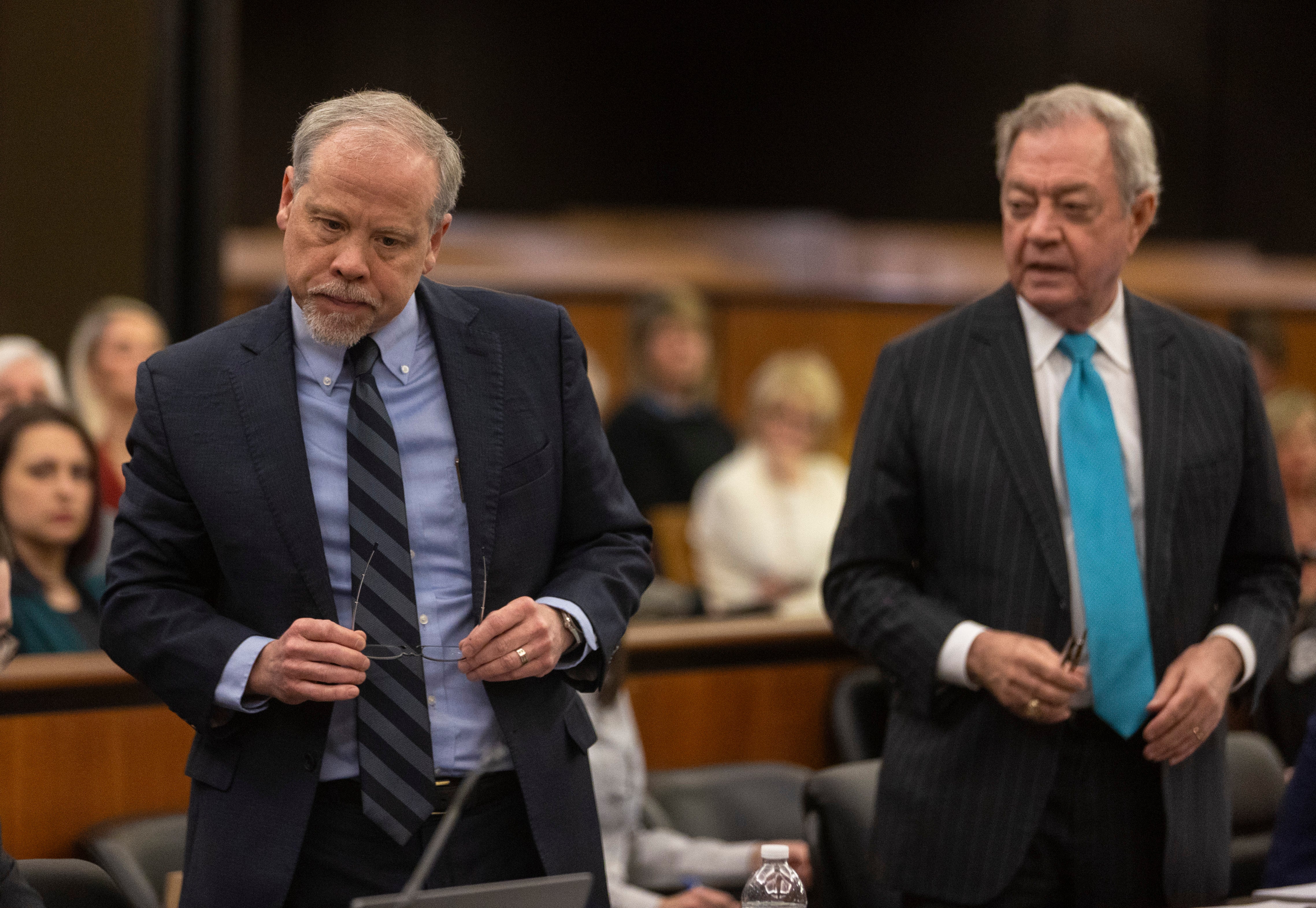 Prosecutor Creighton Waters, left, and defense attorney Dick Harpootlian stand during the Alex Murdaugh jury-tampering hearing