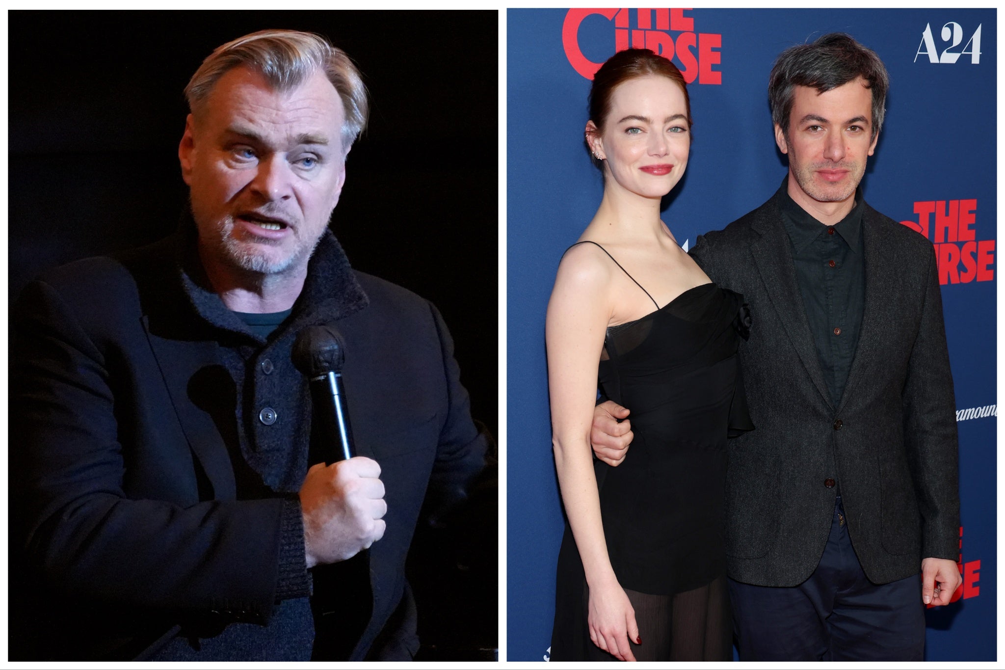 Christopher Nolan (left) and ‘The Curse’ stars Emma Stone and Nathan Fielder