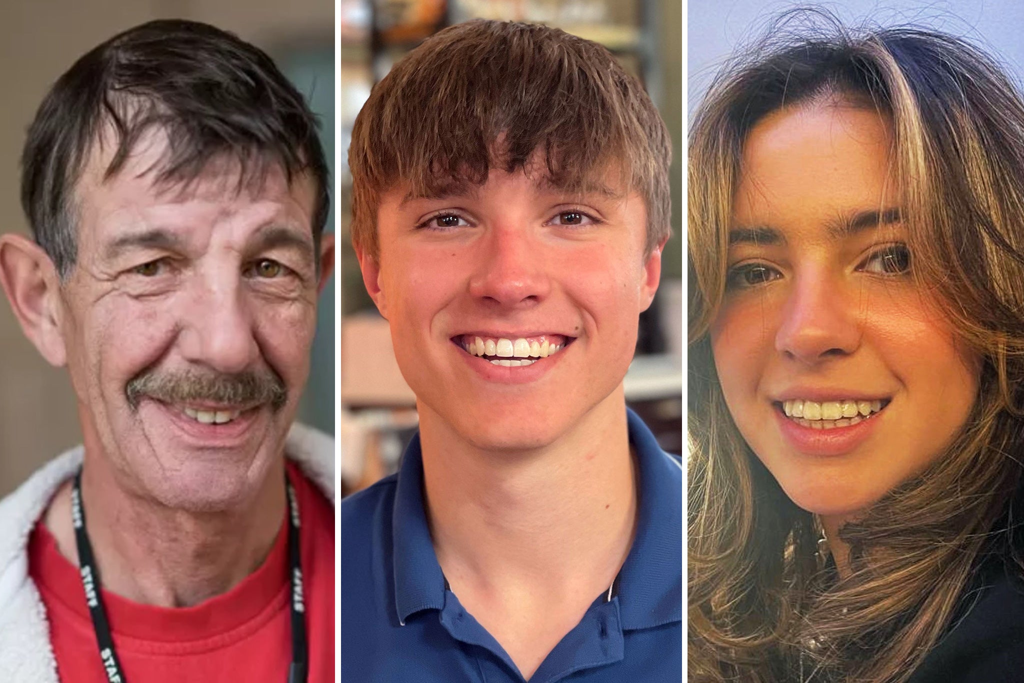 Students Barnaby Webber (centre) and Grace O’Malley-Kumar (right), both aged 19, and school caretaker Ian Coates, 65