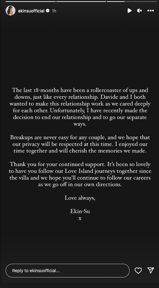 Ekin-Su’s breakup statement