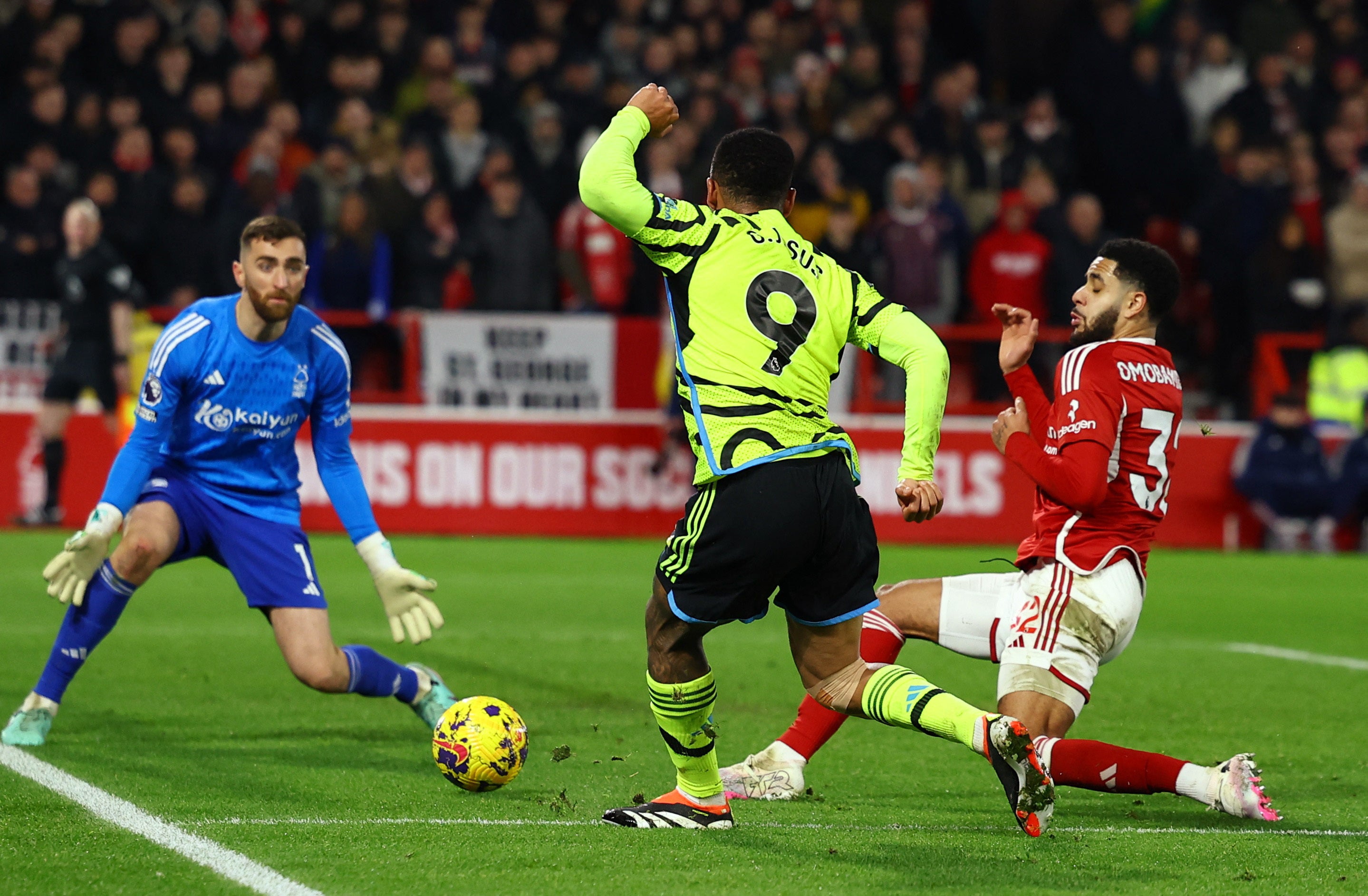 Jesus squeezed a finish through the legs of former Arsenal keeper Matt Turner