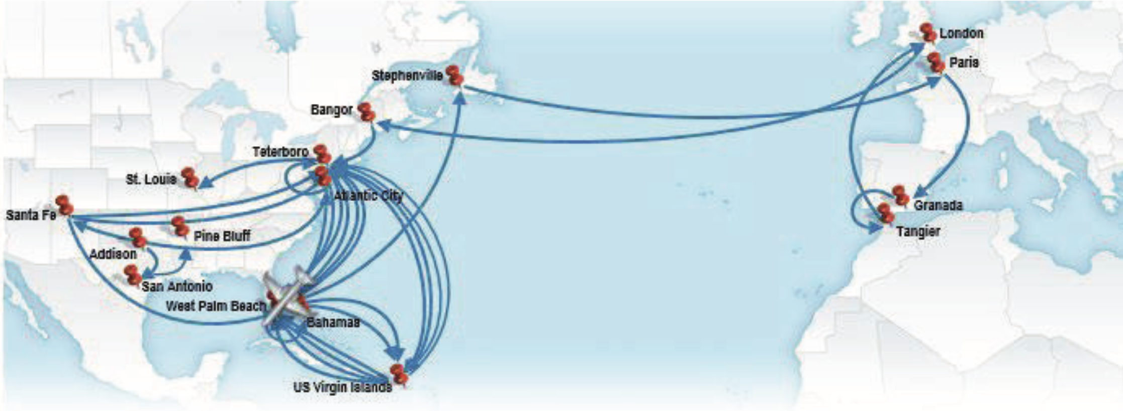 A graphic from Virginia Giuffre’s lawsuit against Prince Andrew, showing stops in Epstein’s alleged sex trafficking network