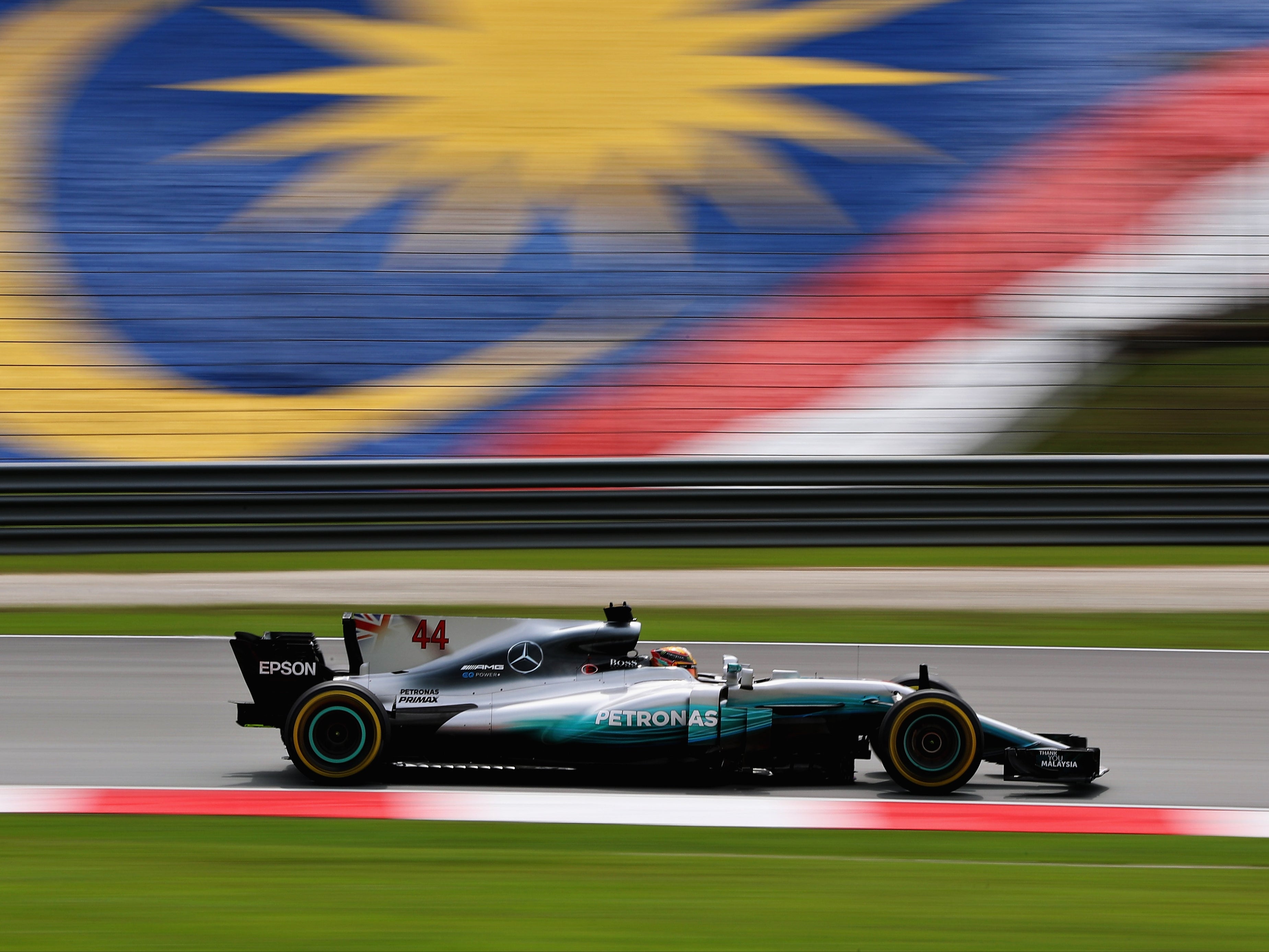 Lewis Hamilton driving during practice for the Malaysia F1 Grand Prix in 2017