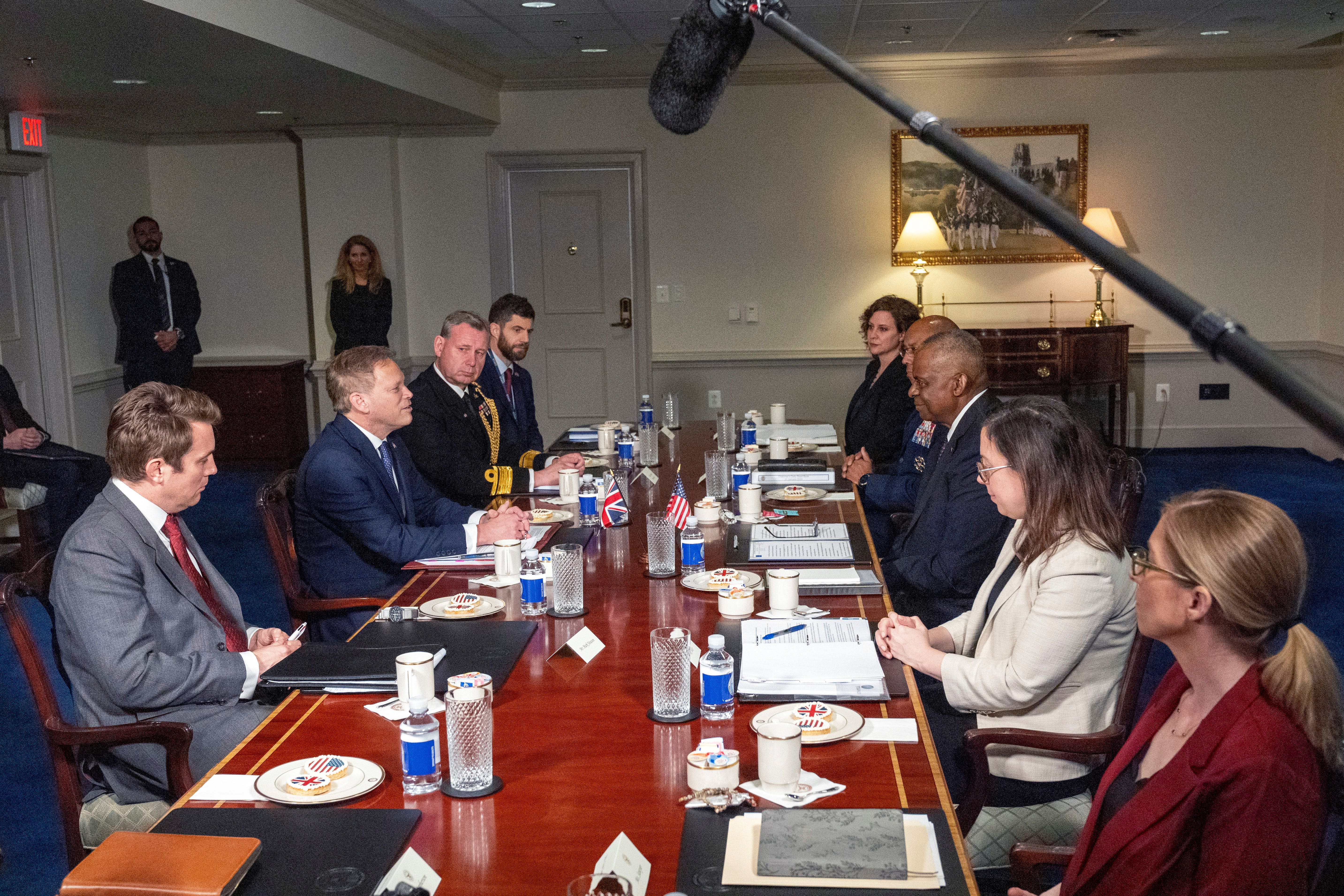 US defence secretary Lloyd Austin, third from right, meets with Britain’s Defence Secretary Grant Shapps, second from left, at the Pentagon in Washington (Jacquelyn Martin/AP)