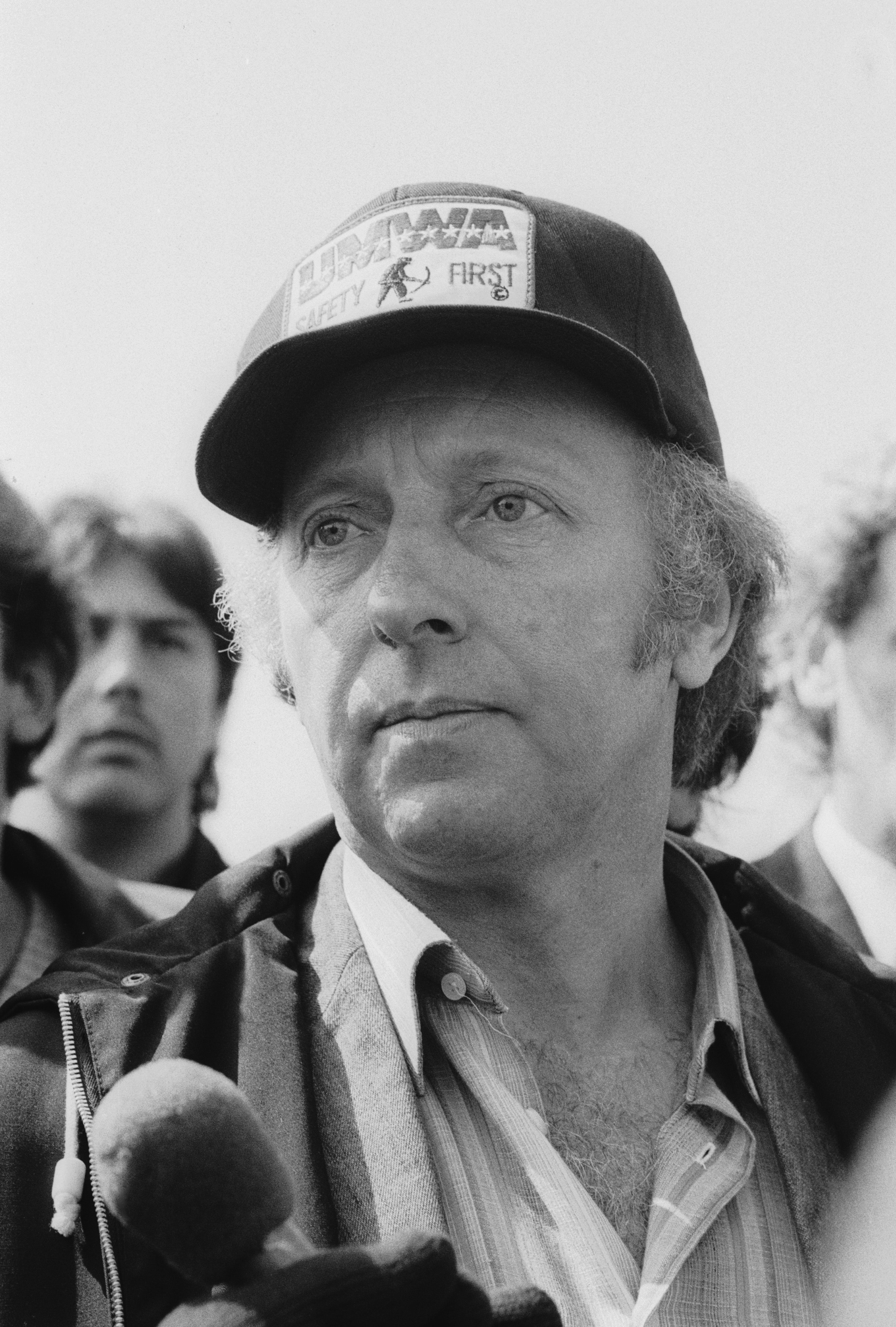 National Union of Mineworkers (NUM) leader Arthur Scargill with picketing miners at Orgreave during the strike