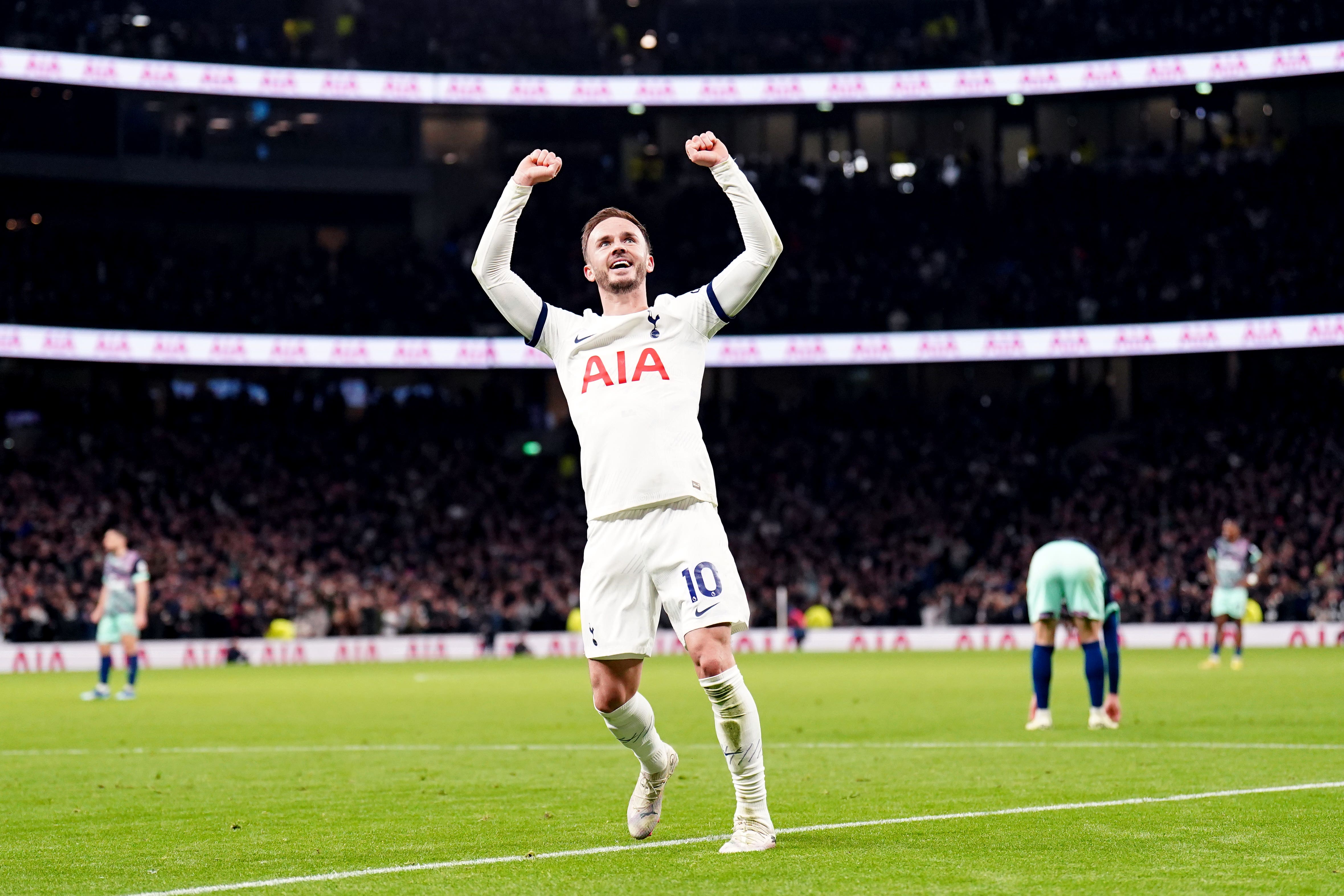 James Maddison celebrates during Tottenham’s 3-2 win over Brentford (Zac Goodwin/PA)