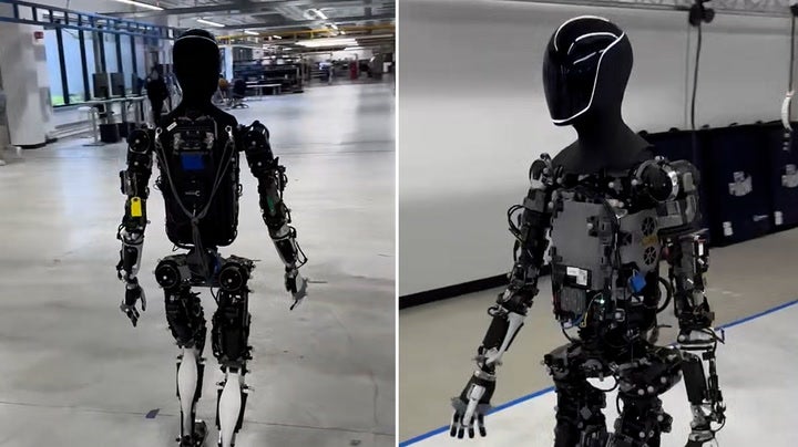 Elon Musk takes ‘spooky’ humanoid robot out for a walk around his Tesla factory