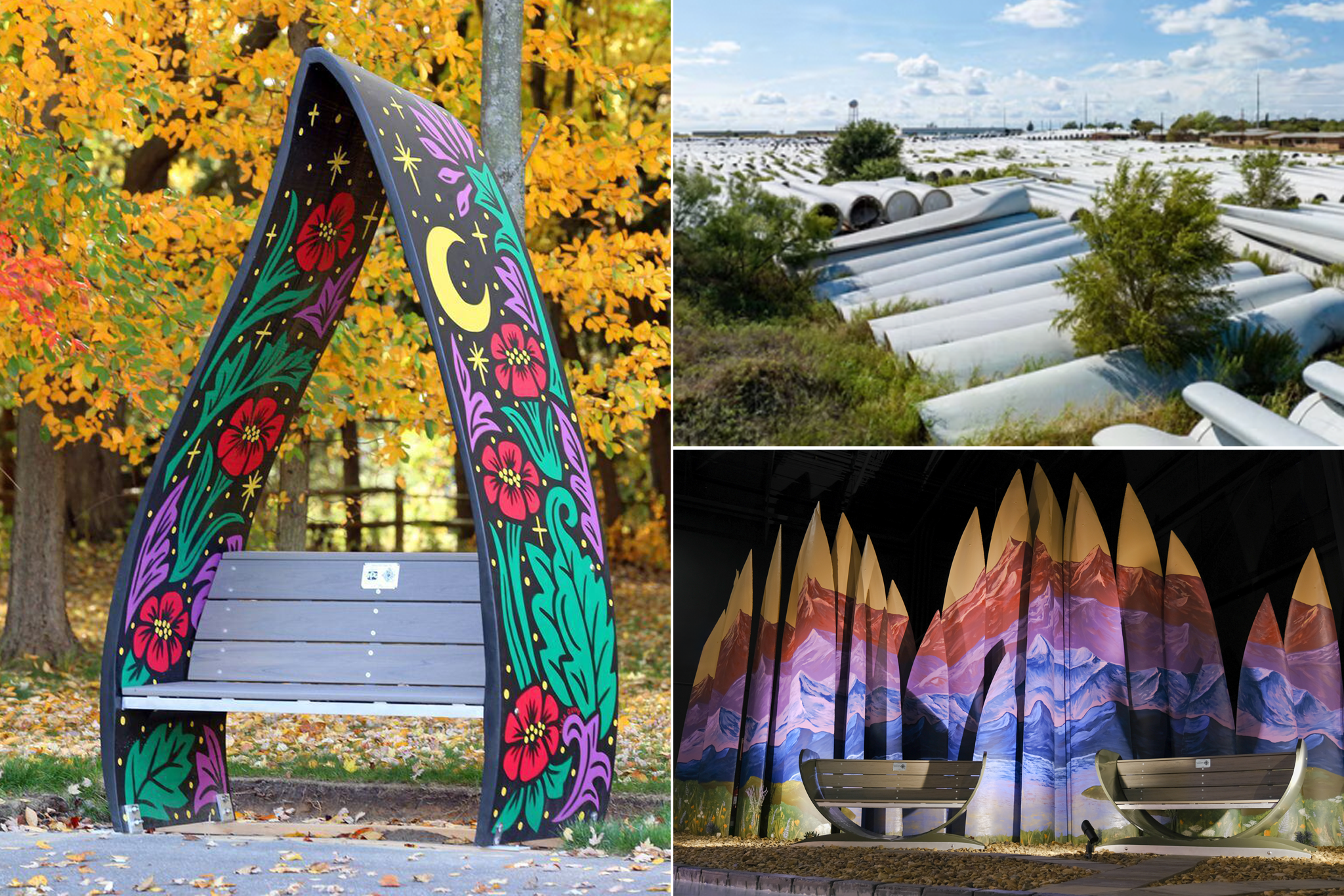 Canvus, a company based in Ohio, has created sturdy outdoor furniture made from decommissioned wind turbine pieces. Top right, decommissioned wind turbine blades in a field in Sweetwater, Texas