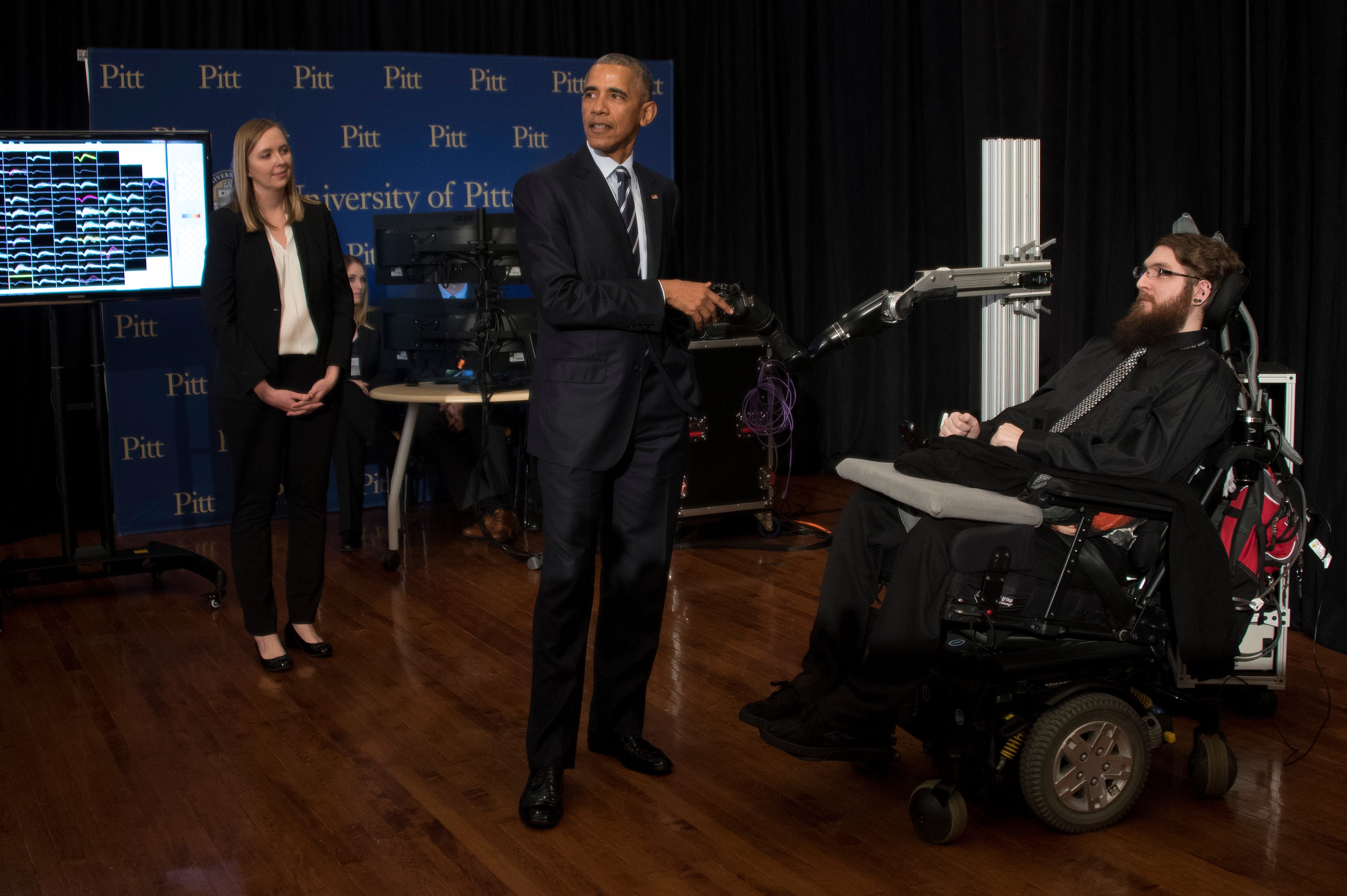 Barack Obama speaks to neuro interface patient Nathan Copeland at the University of Pittsburg in 2016
