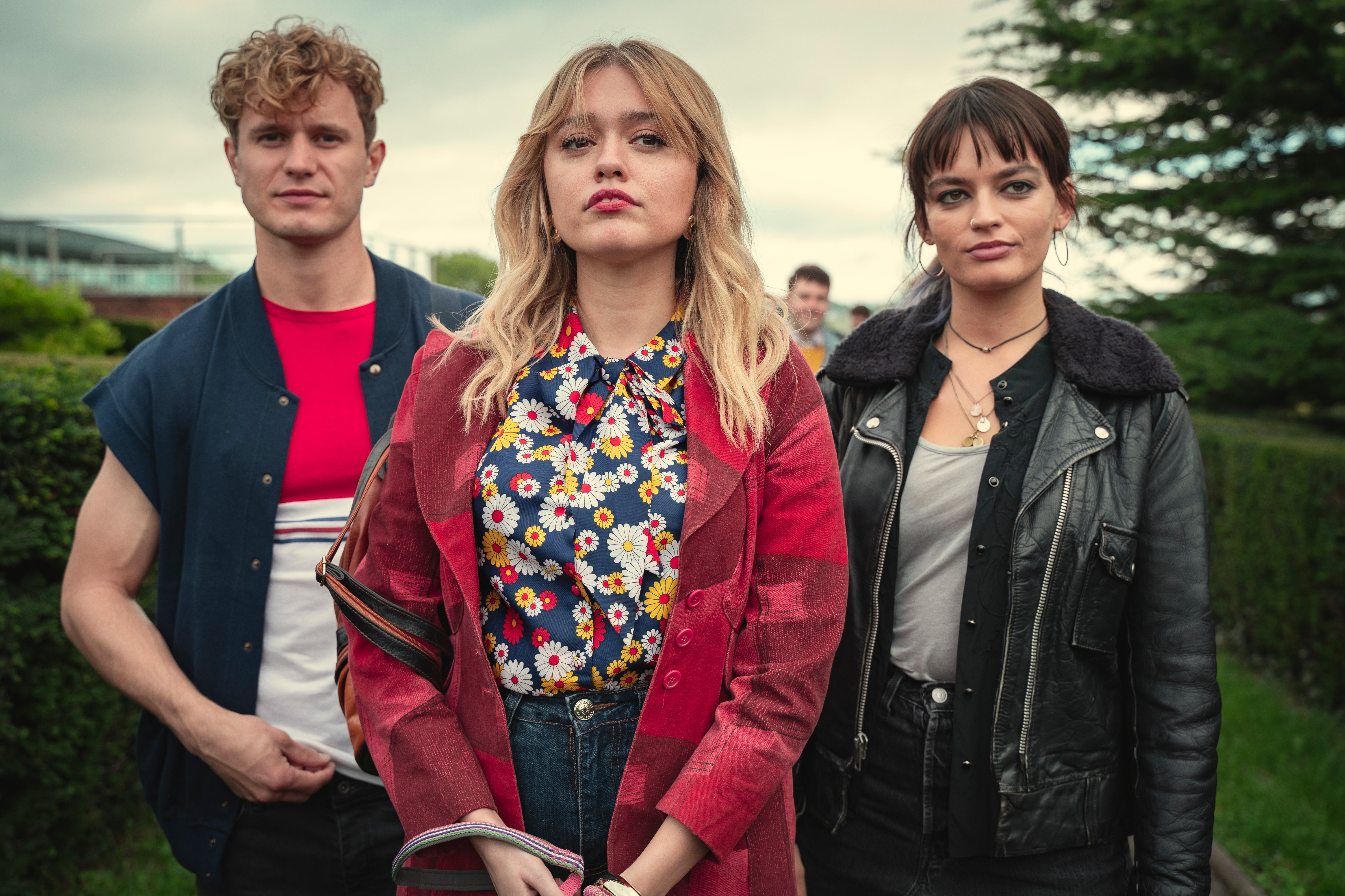 Aimee Lou Wood (centre) as Aimee Gibbs in Sex Education