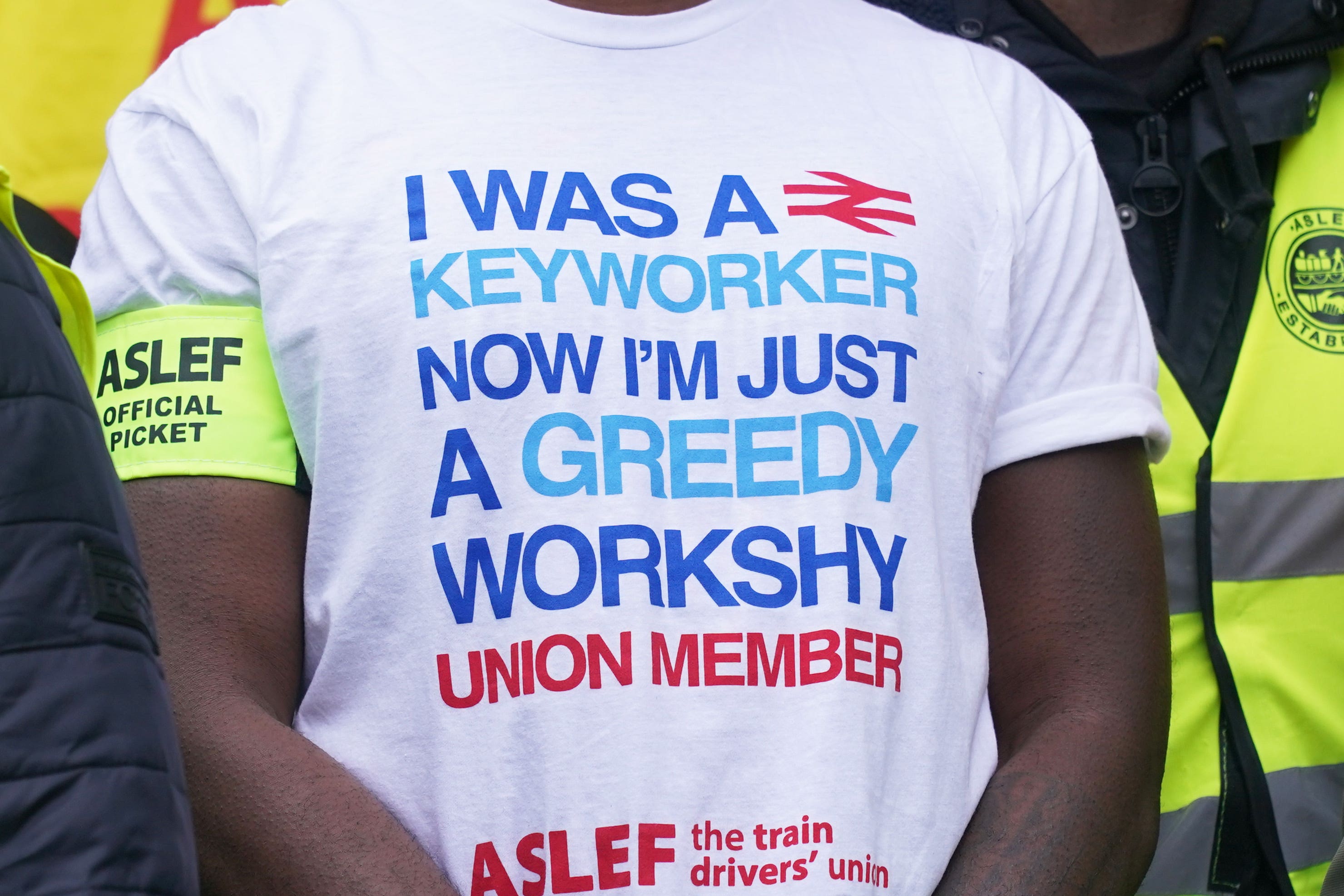 Train drivers from the Aslef union on the picket line at Waterloo station in London (Lucy North/PA)