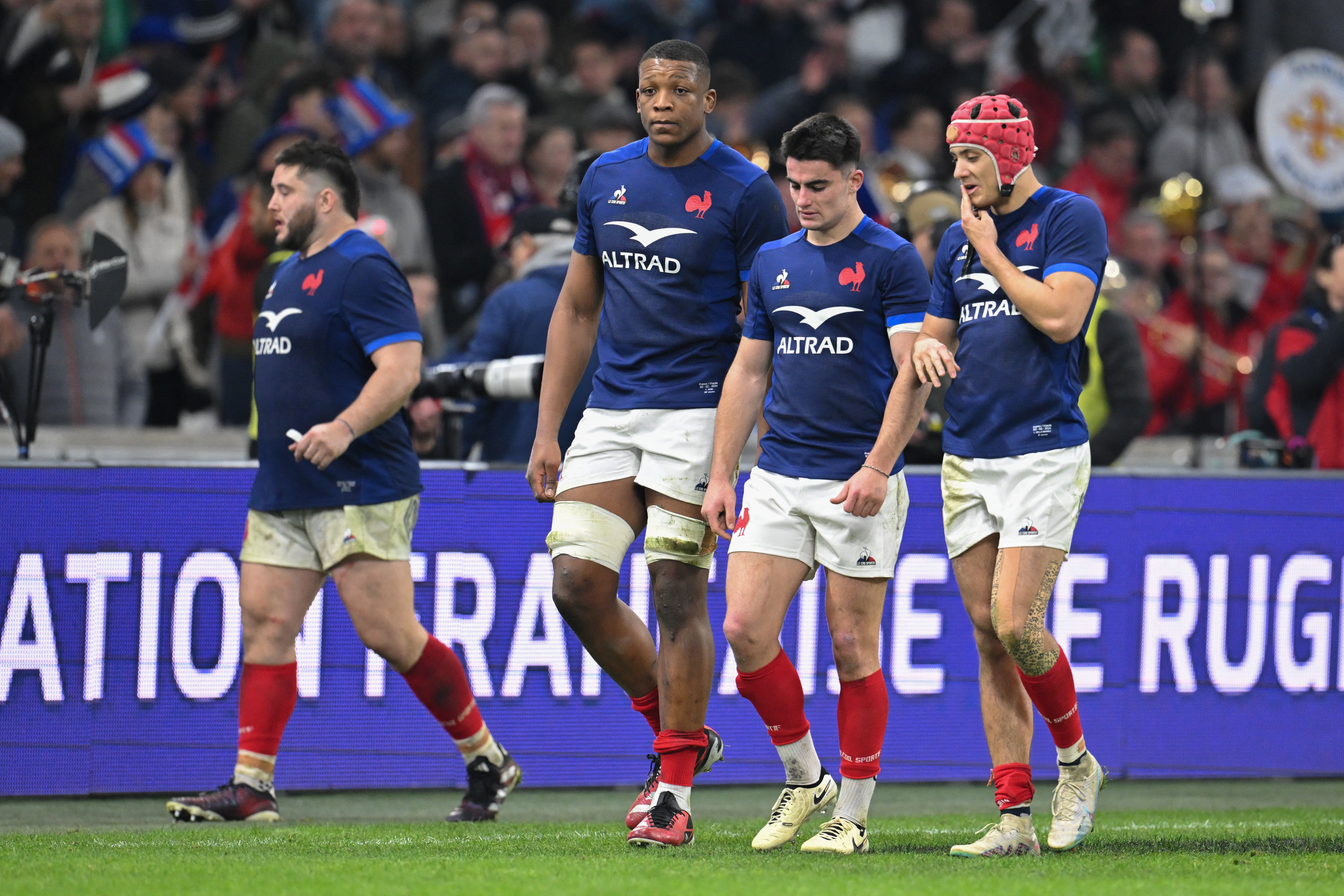 France’s loosehead prop Cyril Baille, lock Cameron Woki, scrum-half Nolann Le Garrec and wing Louis Bielle-Biarrey